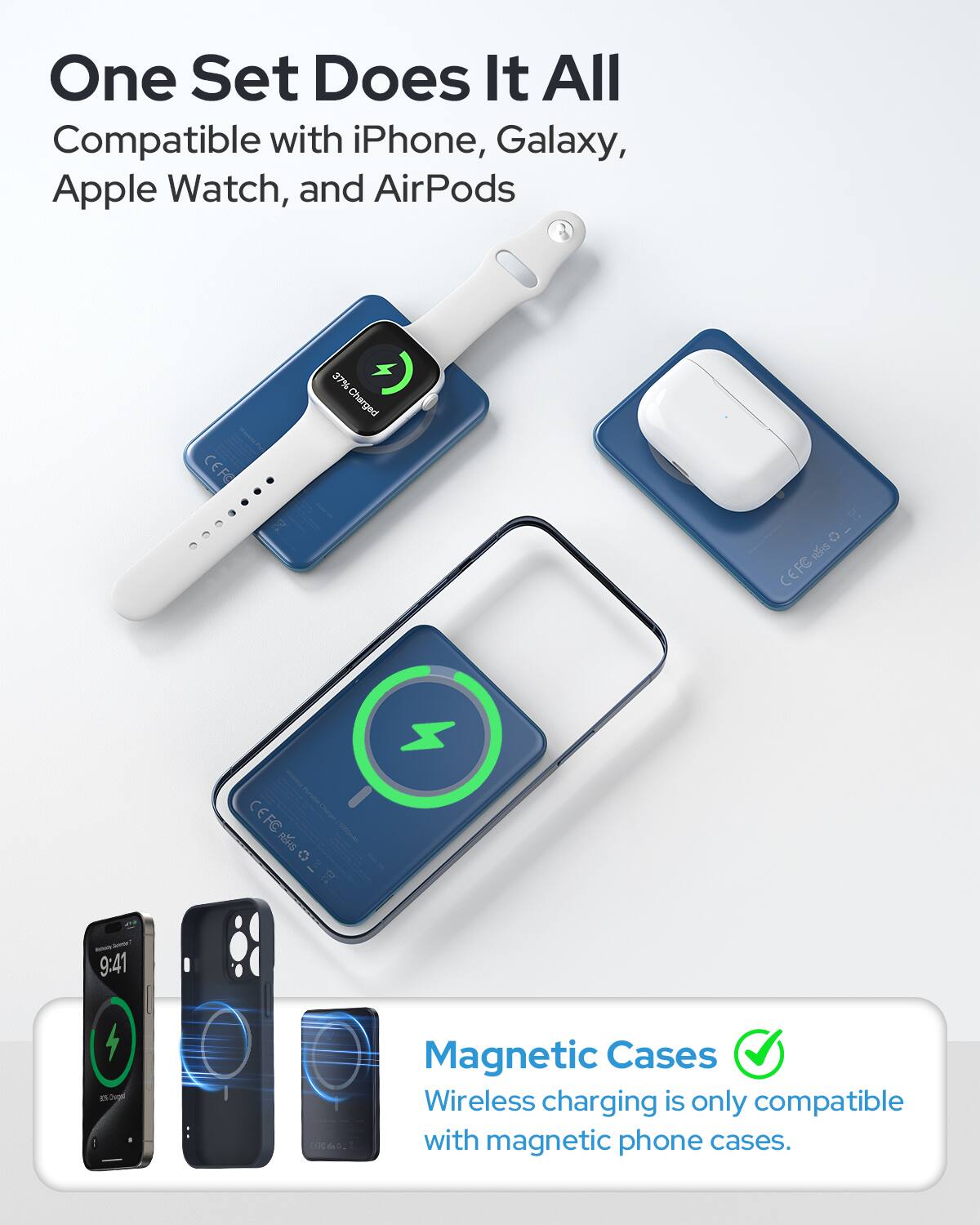 One Set Does It All  
Compatible with iPhone, Galaxy, Apple Watch, and AirPods  

CEFC  
37% Charged  
G REAS CEFC  
CEFC 5000mah ROHS O 20  
- 9:41  

Magnetic Cases  
Wireless charging is only compatible with magnetic phone cases.