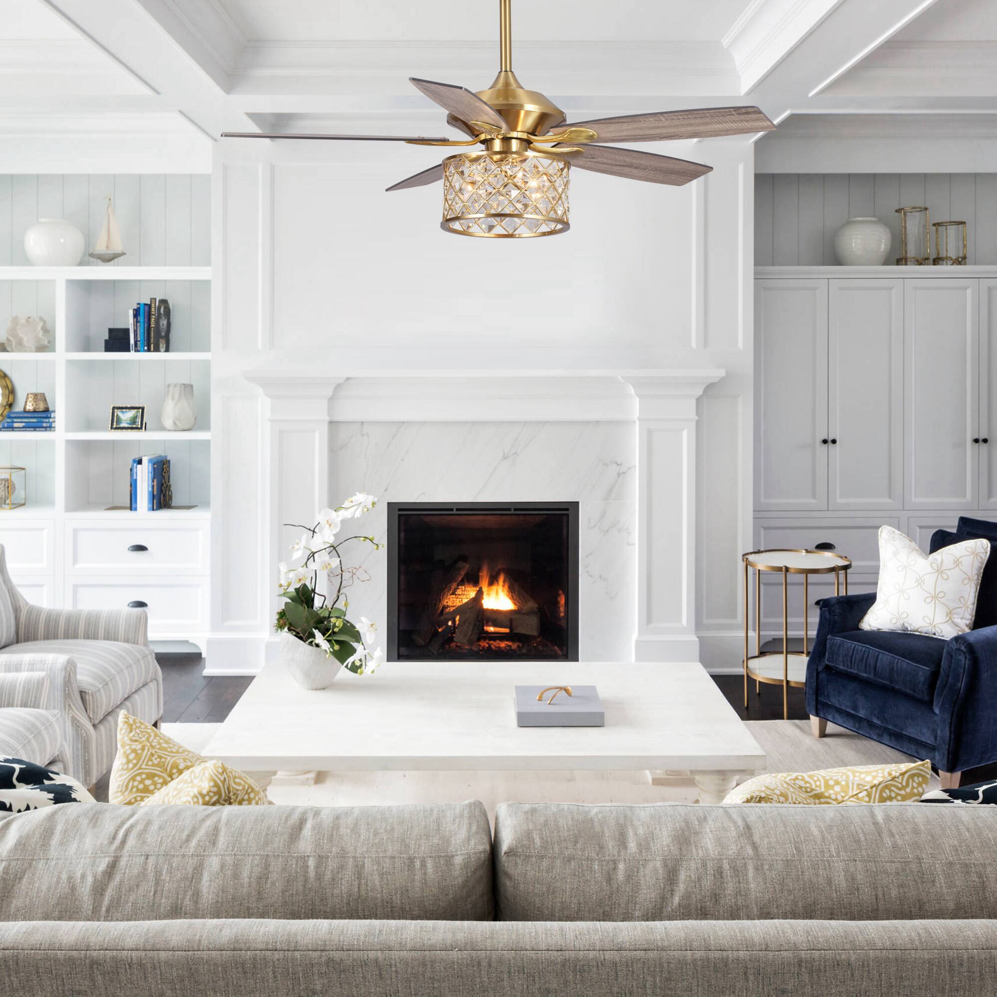 Left. Parrot Uncle - 52" Modern Wood 5-Blade Gold Crystal Ceiling Fan Fandelier with Remote and Light Kit - Gold.