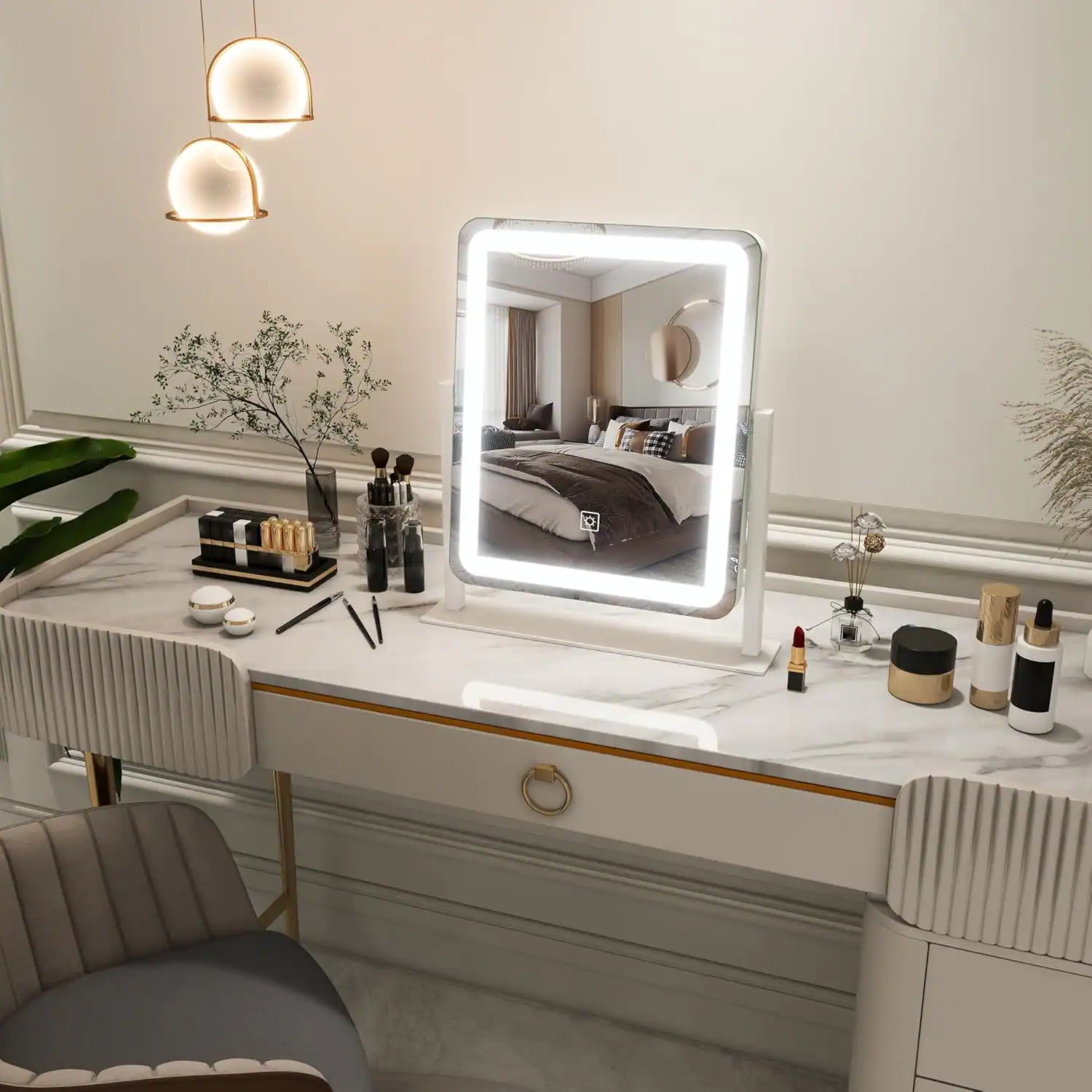 Alt View 2. Stamp n Camp - FENNIO Vanity Mirror with Lights - 15"x12.6" LED Lighted Makeup Mirror, Large Lights, Touch Screen 3-Color Lighting, - Black-22"L x 17"W.