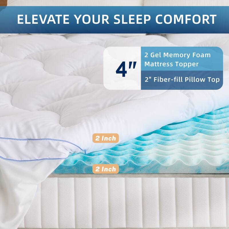 ELEVATE YOUR SLEEP COMFORT
2 Gel Memory Foam Mattress Topper
4"
2" Fiber-fill Pillow Top
2 Inch
2 Inch