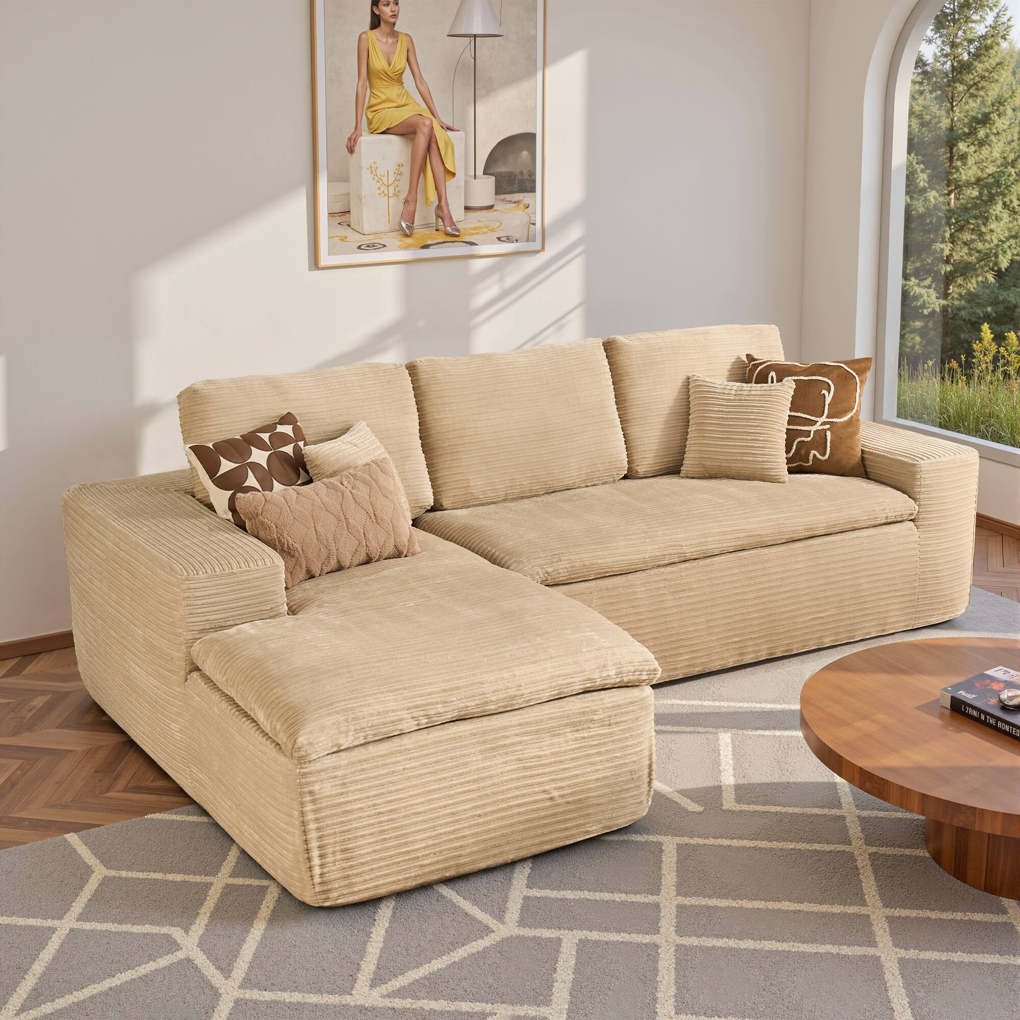 Ovios - 2 Pieces Cloud Like Sectional Sofa, L-Shaped Couch with Chaise for Living Room - Beige(Corduroy, Left Facing)