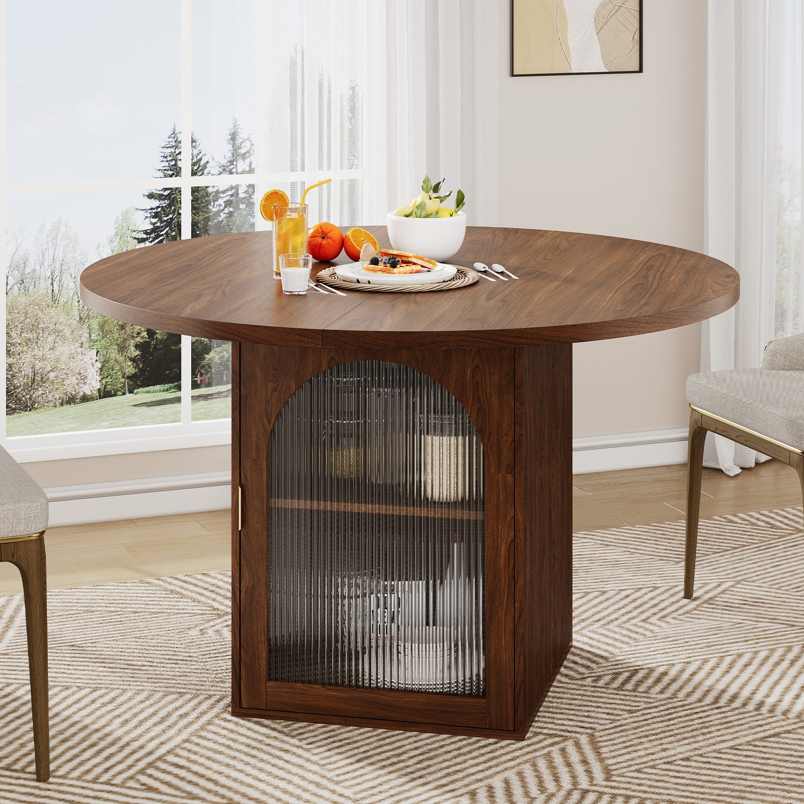 Anysun - 47" Round Dining Table with Storage Cabinet - Pedestal Base, Ribbed Glass Doors, Seats 4-6 for Apartments - Walnut