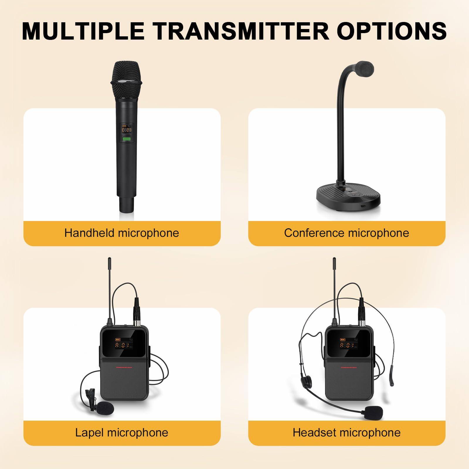 MULTIPLE TRANSMITTER OPTIONS

- Handheld microphone
- Conference microphone
- Lapel microphone
- Headset microphone