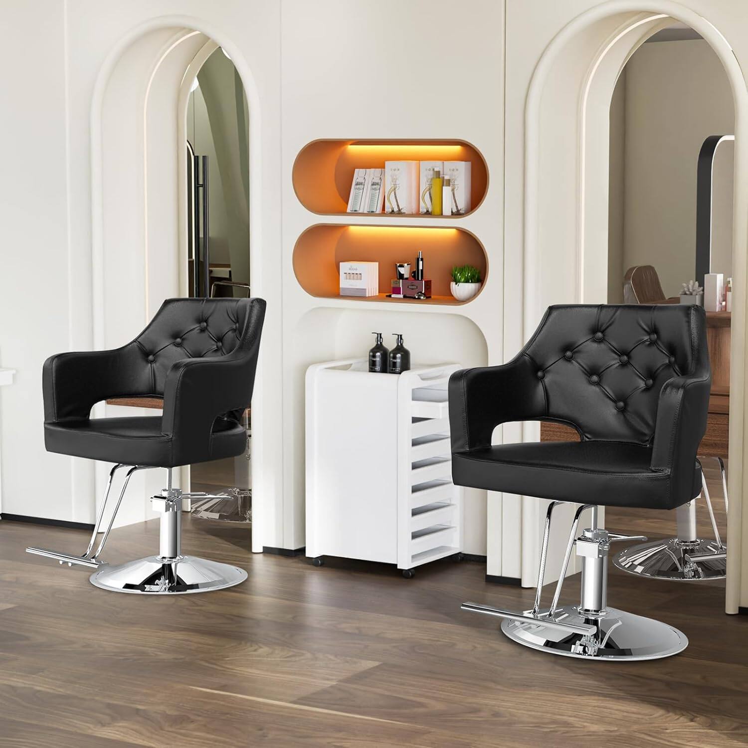Angle. Winado - Professional Hydraulic Barber Chair with Memory Foam Cushion, Padded Armrests, T-shaped Footrest, Button Tufted Design - Black.