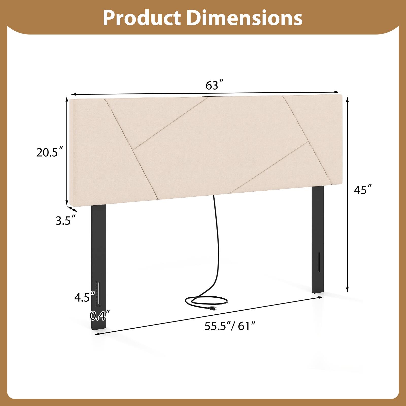 Product Dimensions: 63" x 20.5" x 45" x 3.5" x 4.5" x 0.4" x 55.5"/61"