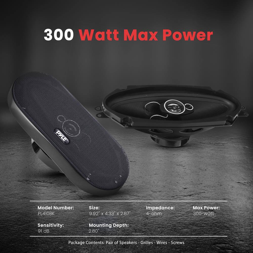 300 Watt Max Power

Model Number: PL410BK  
Size: 9.92" x 4.33" x 2.87"  
Impedance: 4-ohm  
Max Power: 300-watt  
Sensitivity: 91 dB  
Mounting Depth: 2.80"  

Package Contents: Pair of Speakers - Grilles - Wires - Screws