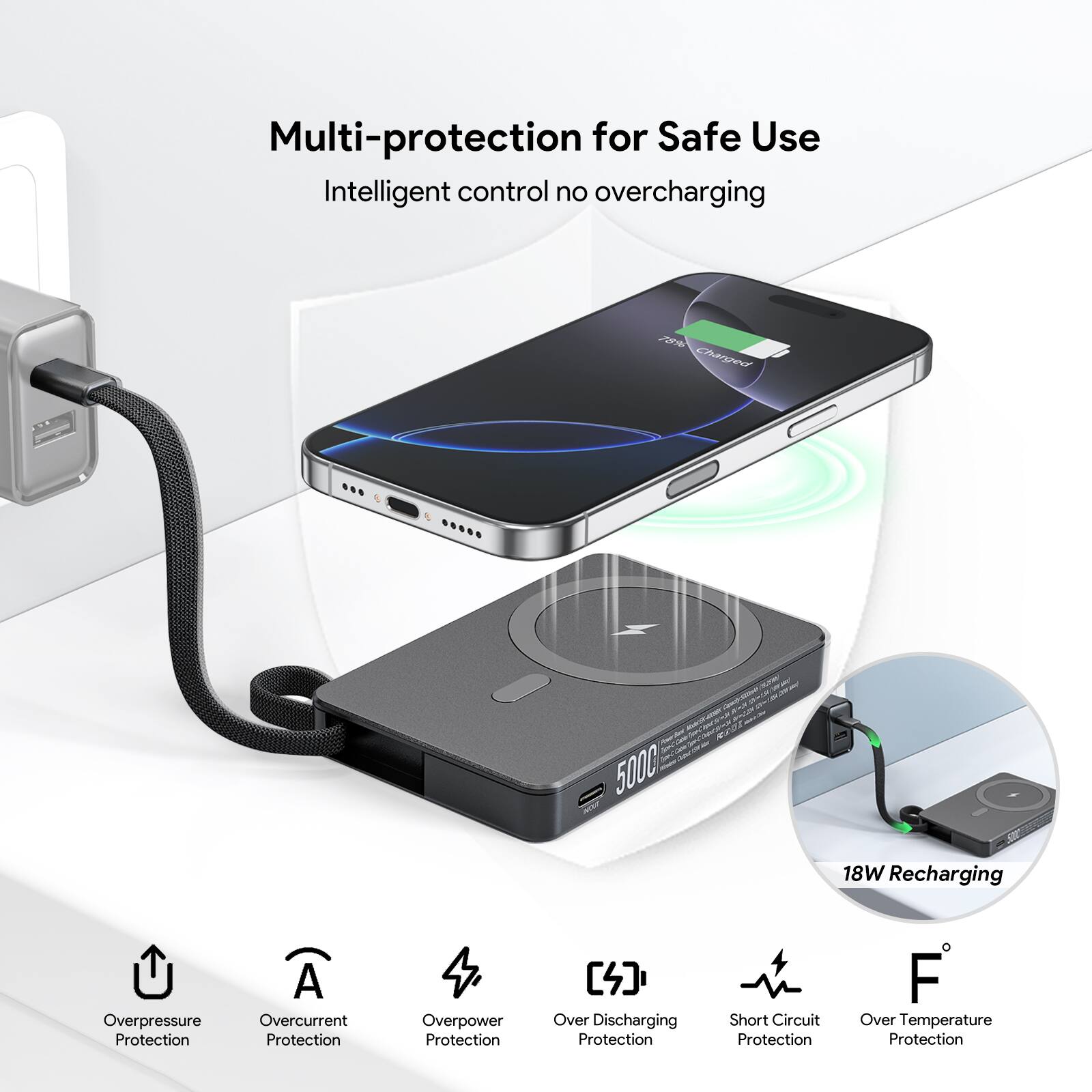 Multi-protection for Safe Use Intelligent control no overcharging 5000 18W Recharging Overpressure Protection Overcurrent Protection Overpower Protection Over Discharging Protection Short Circuit Protection Over Temperature Protection