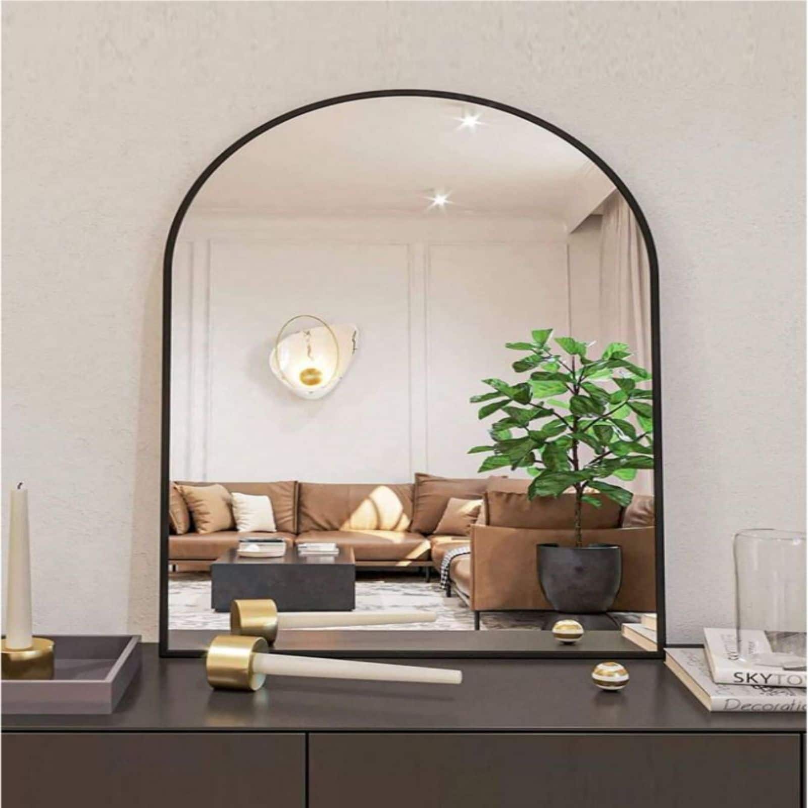 HOMLUX - Arch Top Wall Mirror Black Aluminum Frame Arched Wall Mounted Decorative for Entryway Bathroom Bedroom