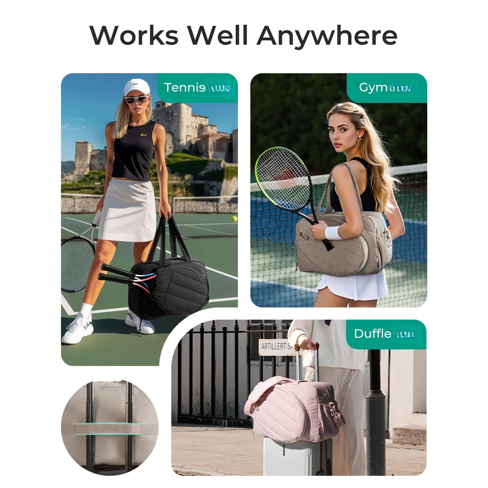 Back. Cozy Serene - Gym Bag For Women  Tennis Holds 2 Rackets With Shoe Compartment   Wet Pocket Sports Duffle Bags Fits Up To 15.6" Laptop - Black.