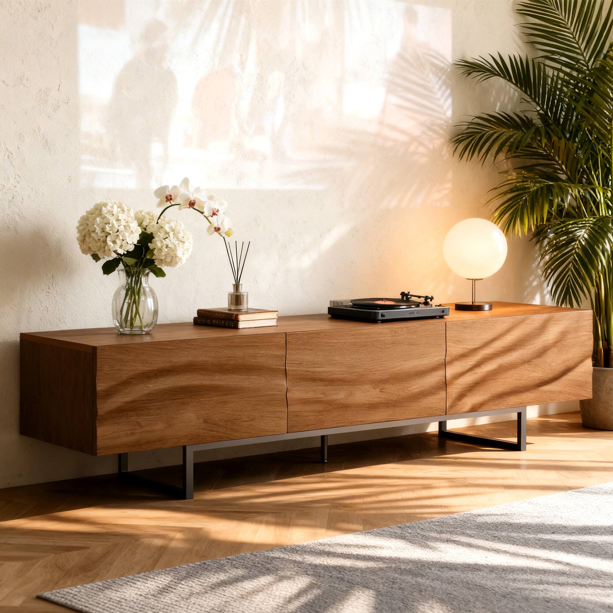 Left. luck idea - Modern 82.83" TV Stand with Metal Legs, 3 Drawers & Vent Holes, Wide Media Console for Living Room - Walnut Color.
