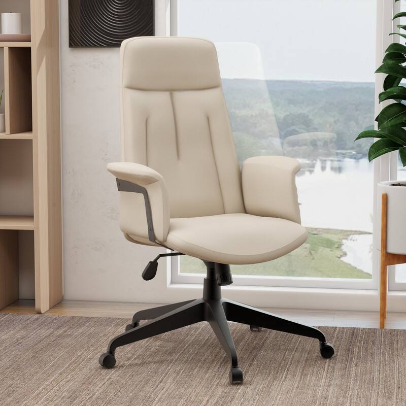 Angle. LeisureMod - Inifini High Back Office Chair Ergonomic PU Leather Lumbar Support Foam Cushion Iron Frame - Tan.