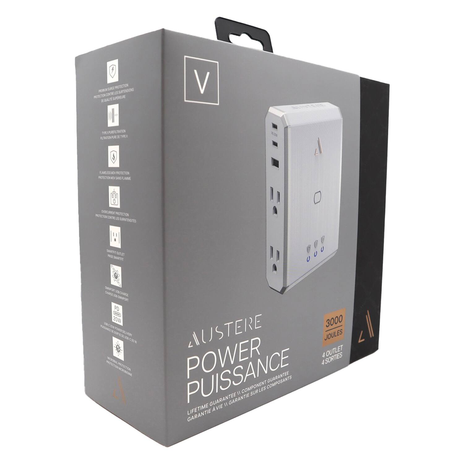 PROTECTION MMSR me u STON PSON 1 SARER a DA V T RK SeTce RDA . i L d PROECTION RTEON  M LAME UC ROTICTON POTCTON  a SRNTINT Ss ae - S Se va SHEA - H n d2es -  LE E   M as -  PROTICTION 3000 AUSTERE JOULES 4 OUTLET PUISSANCE POWER GUARANTEE 4 SORTIES I1 COMPONENT SUR LES GUARANTEE 11 CARANTIE A VIE GARANTIE