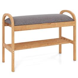 Costway - Bamboo Entryway Shoe Bench 2-Tier Shoe Rack with Flip Top Storage for Hallway - Natural+Grey
