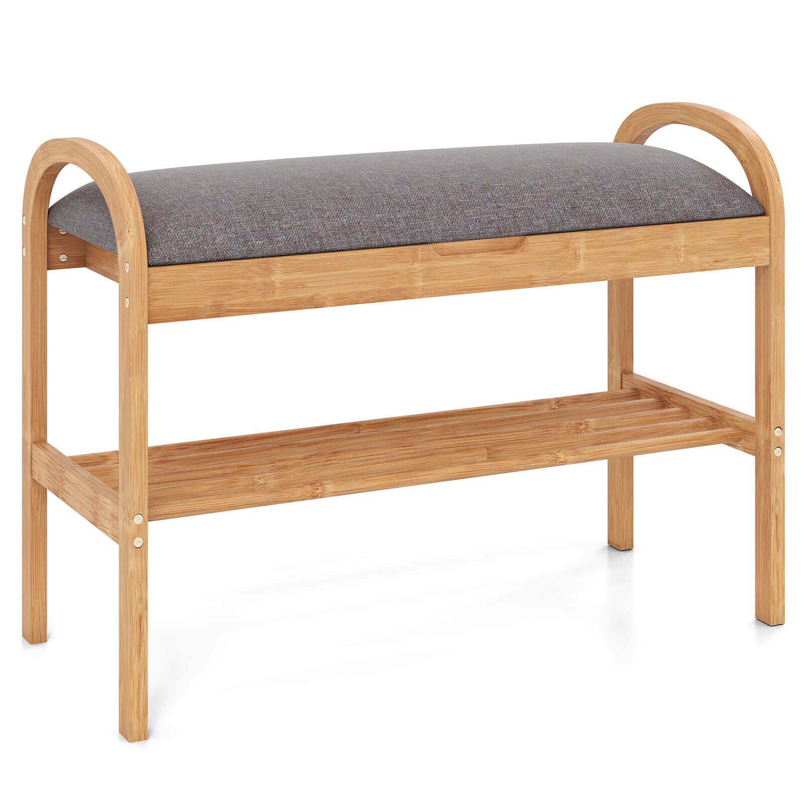 Front. Costway - Costway Bamboo Entryway Shoe Bench 2-Tier Shoe Rack with Flip Top Storage for Hallway - Natural,Gray.
