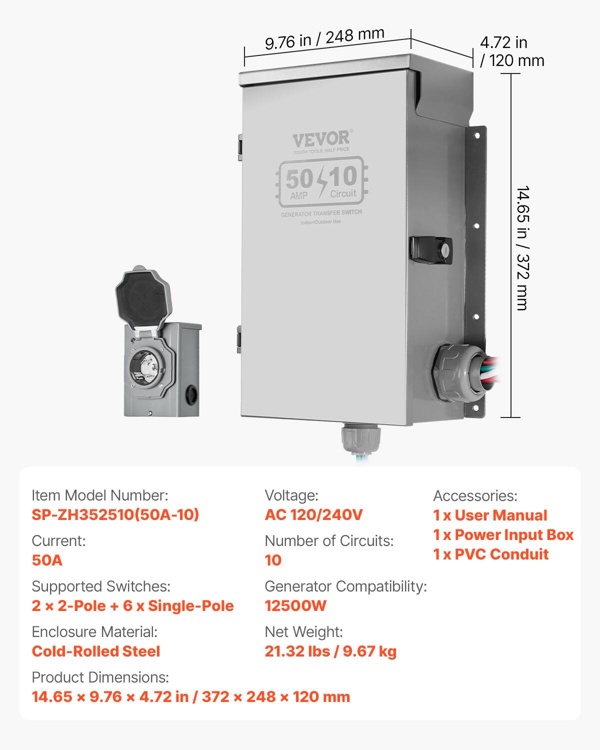 VEVOR Manual Transfer Switch, 50 Amp 10 Circuit, Prewired Generator ...