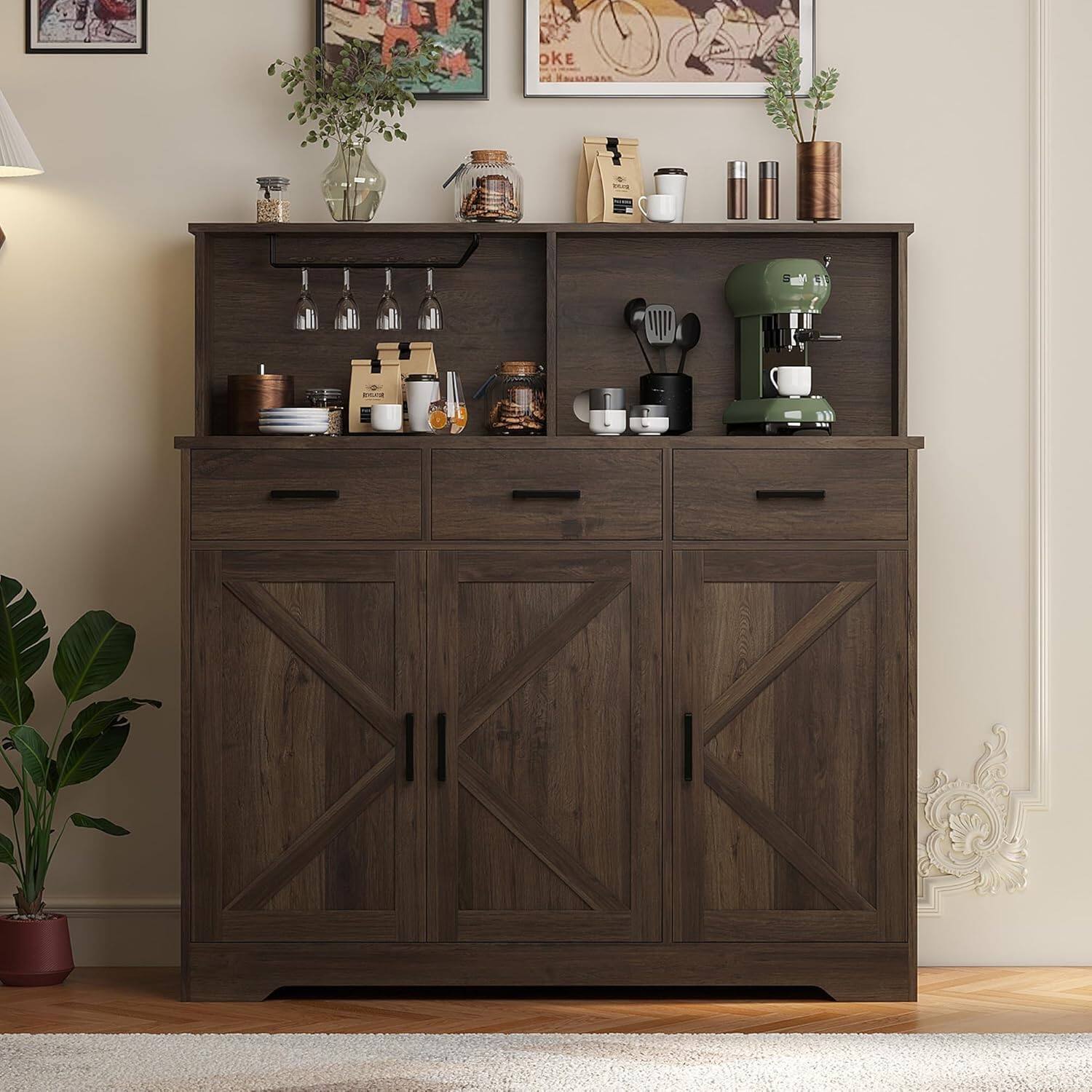 Alt View 3. Jojoka - Farmhouse Sideboard Buffet with Microwave Stand,Varied Storage with Drawers - Brown.