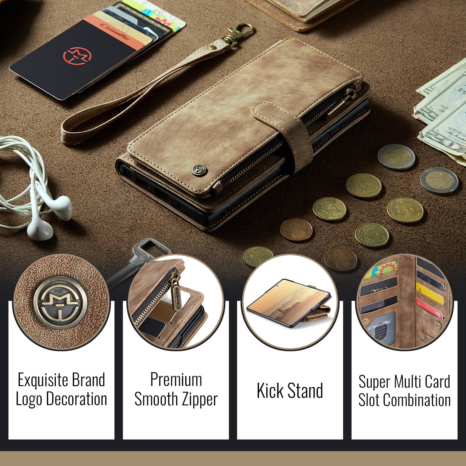 Exquisite Brand Logo Decoration  
Premium Smooth Zipper  
Kick Stand  
Super Multi Card Slot Combination