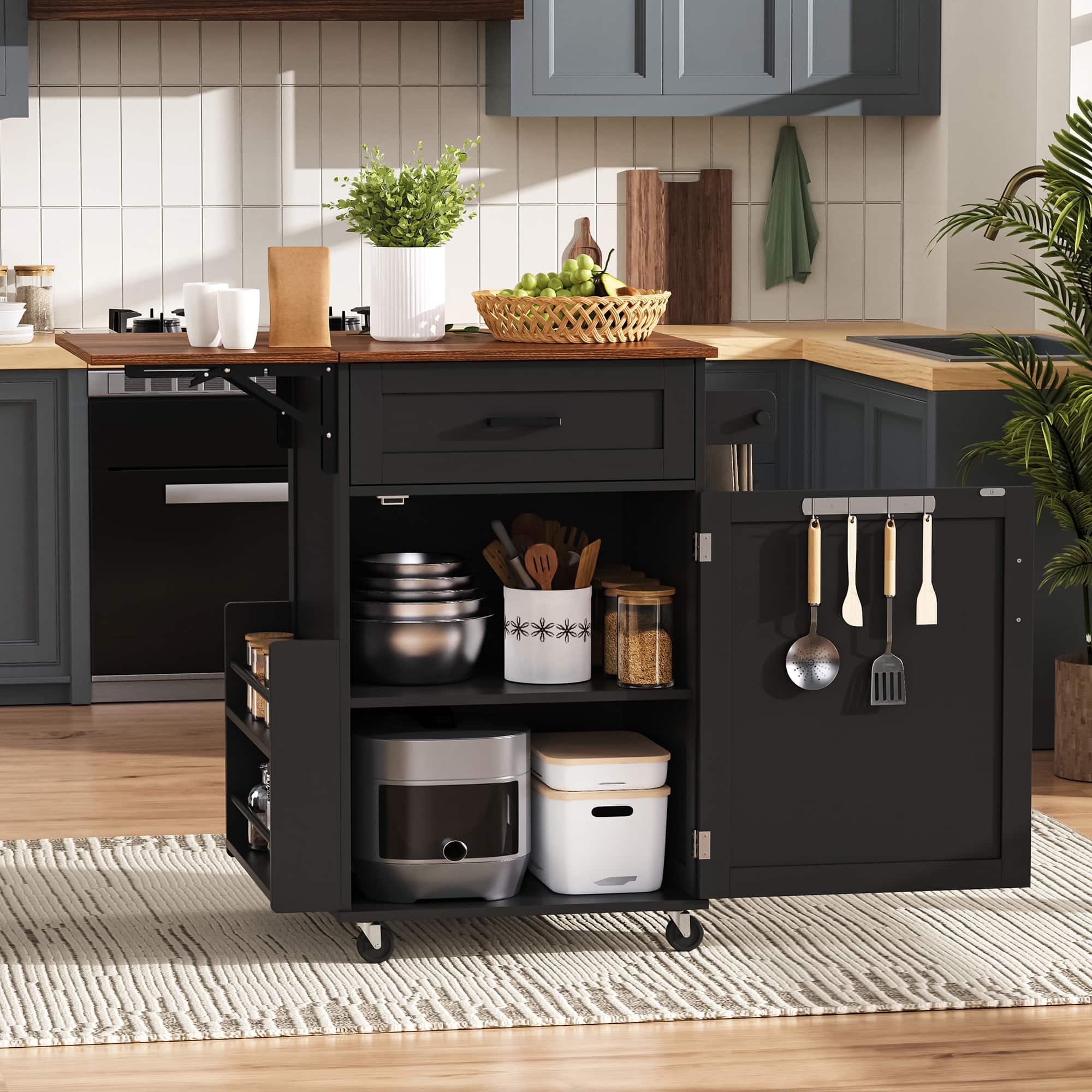 Front. Whisen - 39" Farmhouse Kitchen Island Cart with Drop Leaf, Storage Cabinet, Drawer, Rolling Wheels for Kitchen - Black.