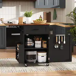 Whisen - 39" Farmhouse Kitchen Island Cart with Drop Leaf, Storage Cabinet, Drawer, Rolling Wheels for Kitchen - Black