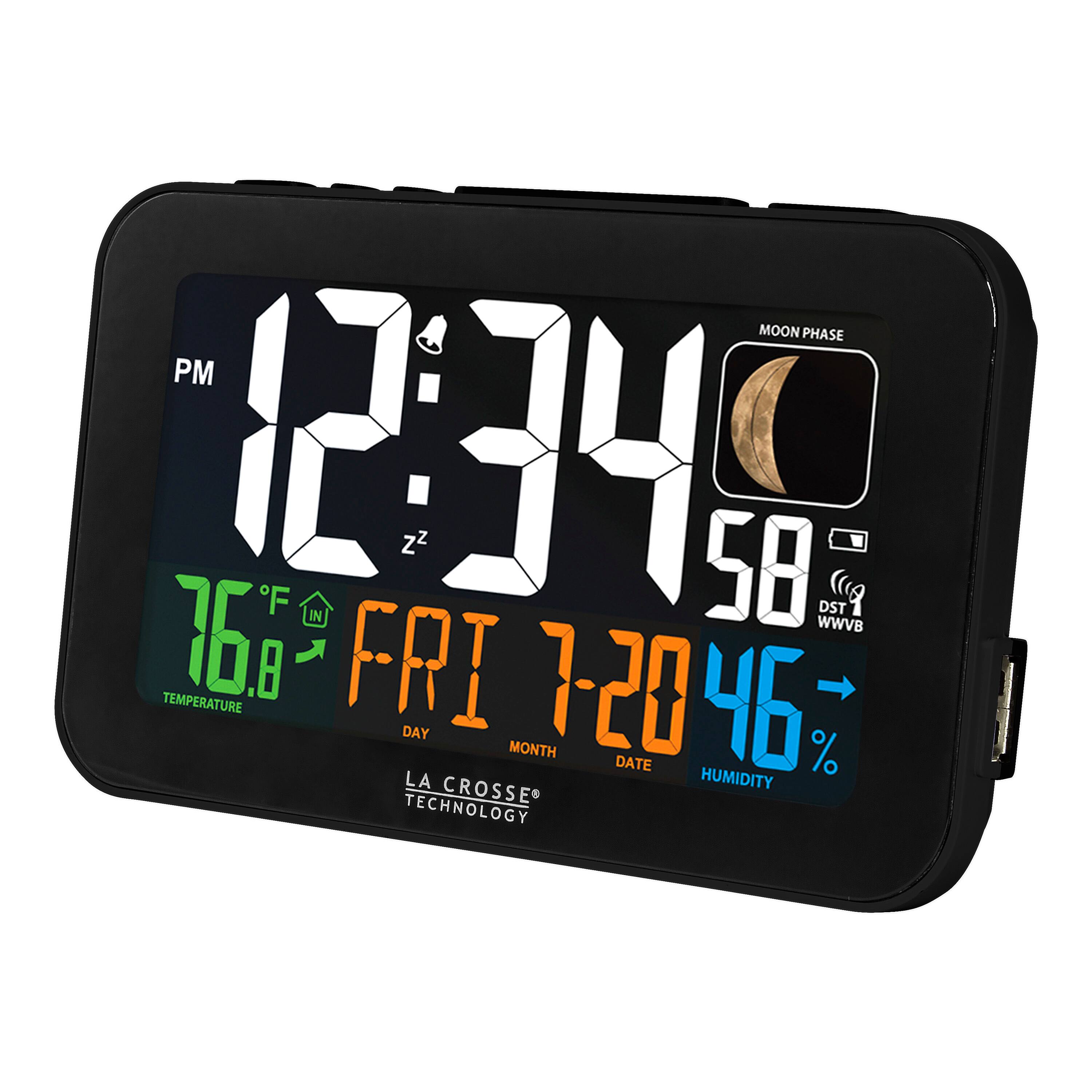 MOON PHASE PM 12:34 F 76.8°F IN 58 DST WWVB 7-20 46% HUMIDITY DAY FRI MONTH 7 DATE 20 TEMPERATURE LA CROSSE TECHNOLOGY