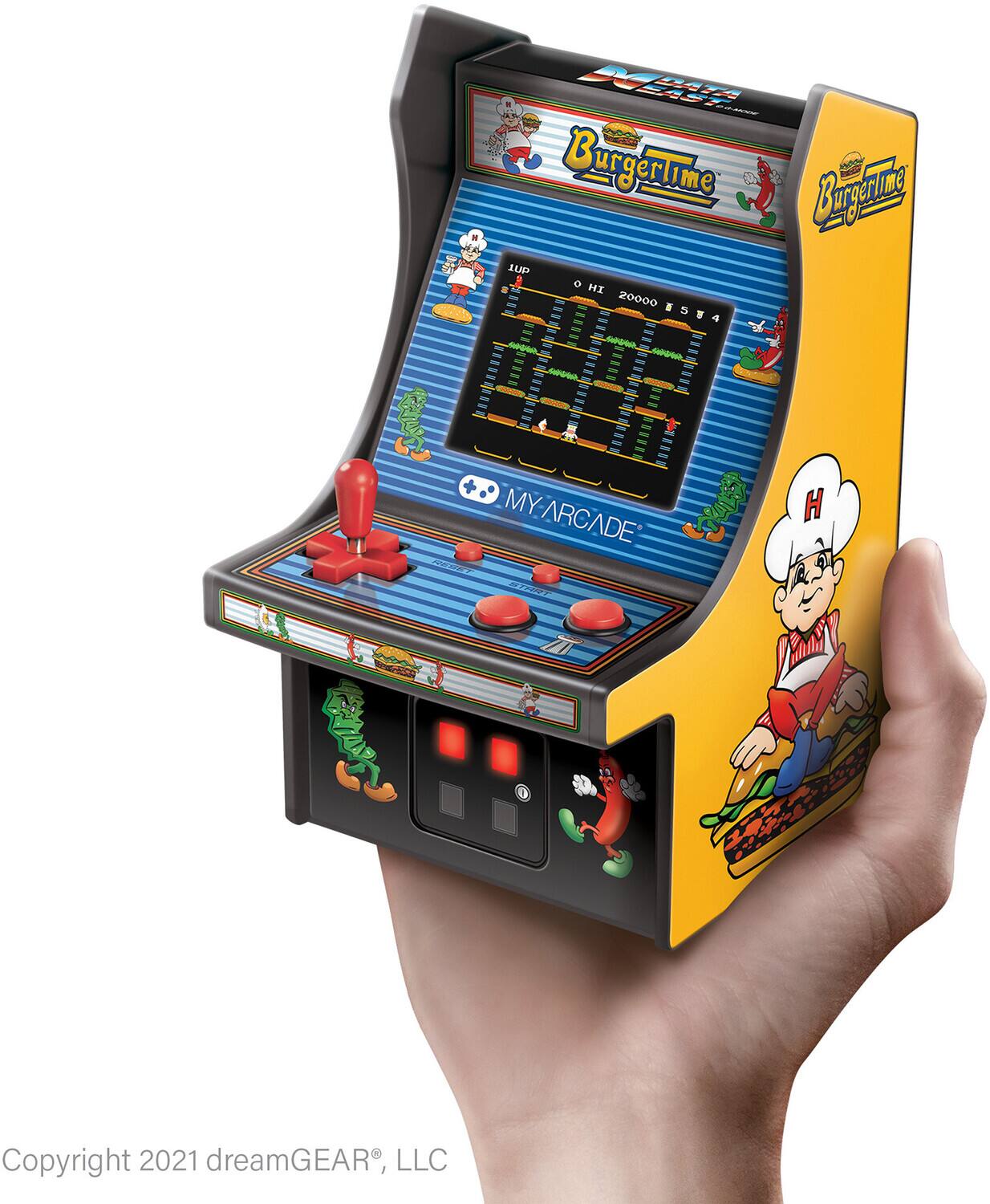 Sure, here is the corrected and grouped text from the image:

---

**BurgerTime**

**MY ARCADE**

**Copyright 2021 dreamGEAR®, LLC**

---

**Game Screen:**
- "HI"
- "20000"
- "5"
- "4"

**Buttons:**
- "START"

**Artwork:**
- Chef character with "H" on his hat
- Green monster characters
- Burger and chili illustrations

---