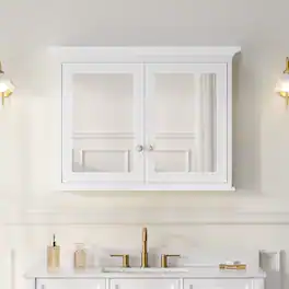 WELLFOR - 40 in. W x 30 in. H Rectangular Solid Wood Medicine Cabinet with Mirror with Double Door - White