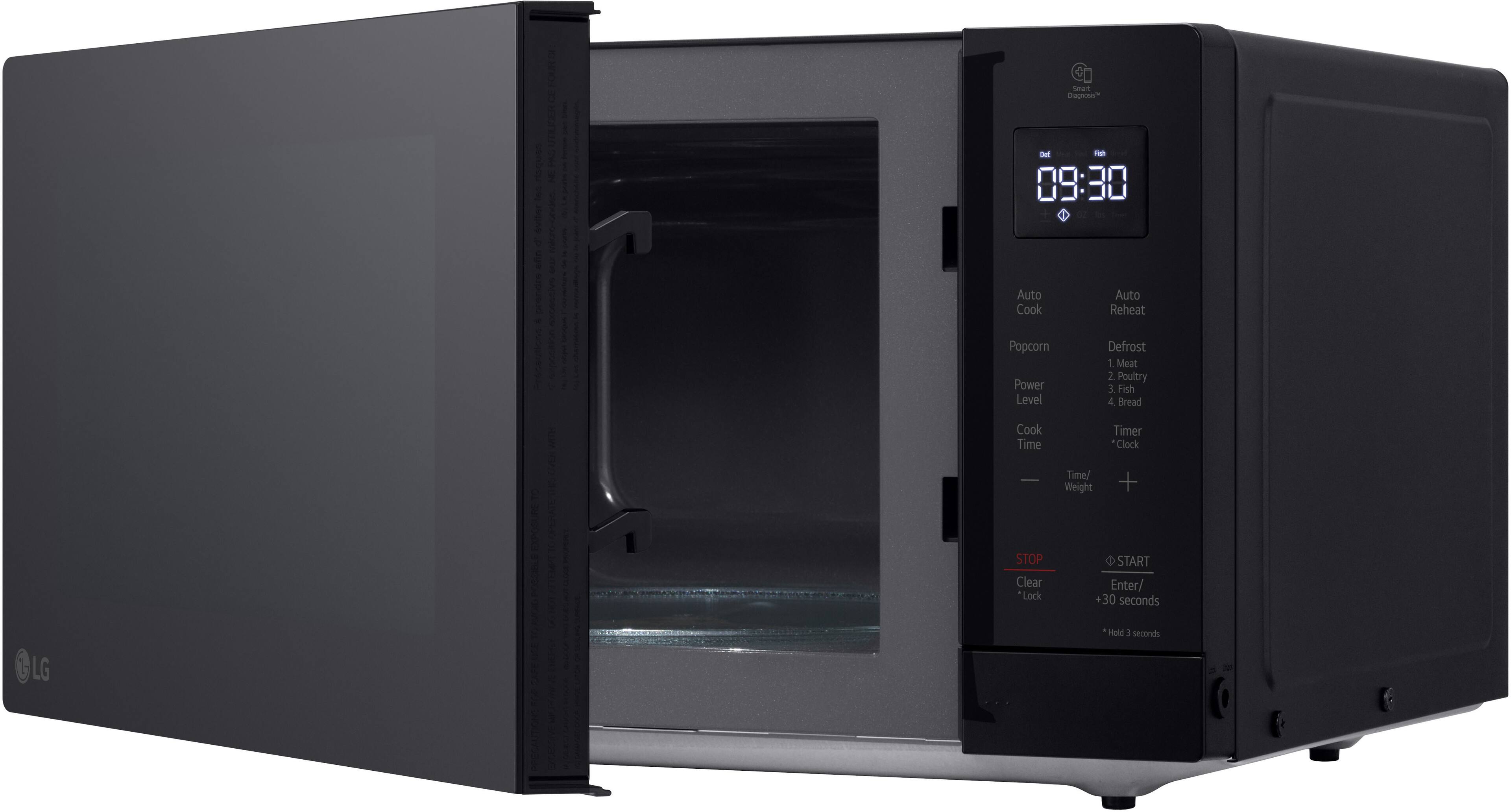 Sure, here is the corrected and grouped text from the image:

---

**Smart Diagnosis**

**Auto Cook**
- Meat
- Poultry
- Fish
- Bread

**Auto Reheat**
- 1 Meat
- 2 Poultry
- 3 Fish

**Defrost**
- 1 Meat
- 2 Poultry
- 3 Fish

**Cook Time Timer**
- Clock
- Time/Weight

**Buttons:**
- START
- Enter/30 seconds
- Hold 1 second
- STOP
- Clear
- Lock

**Additional:**
- "Hold 1 second"

**Brand:**
- LG

---

This text is organized based on the layout and labels visible on the microwave oven.