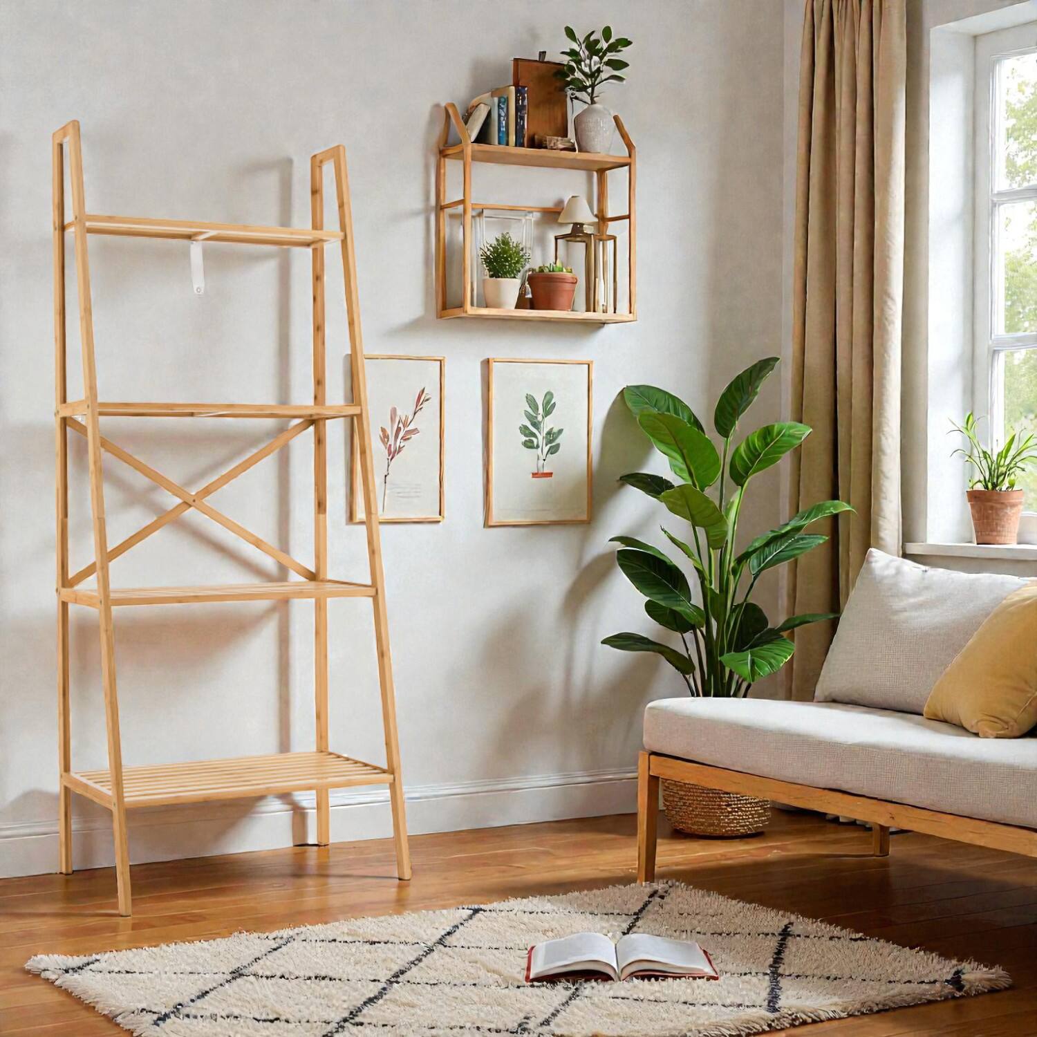 Hivvago - Tall Bamboo Ladder Shelf with Four Open Tiers, 58 Inches High - Natural
