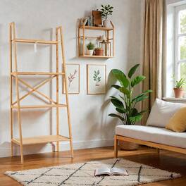 Hivvago - Tall Bamboo Ladder Shelf with Four Open Tiers, 58 Inches High - Natural
