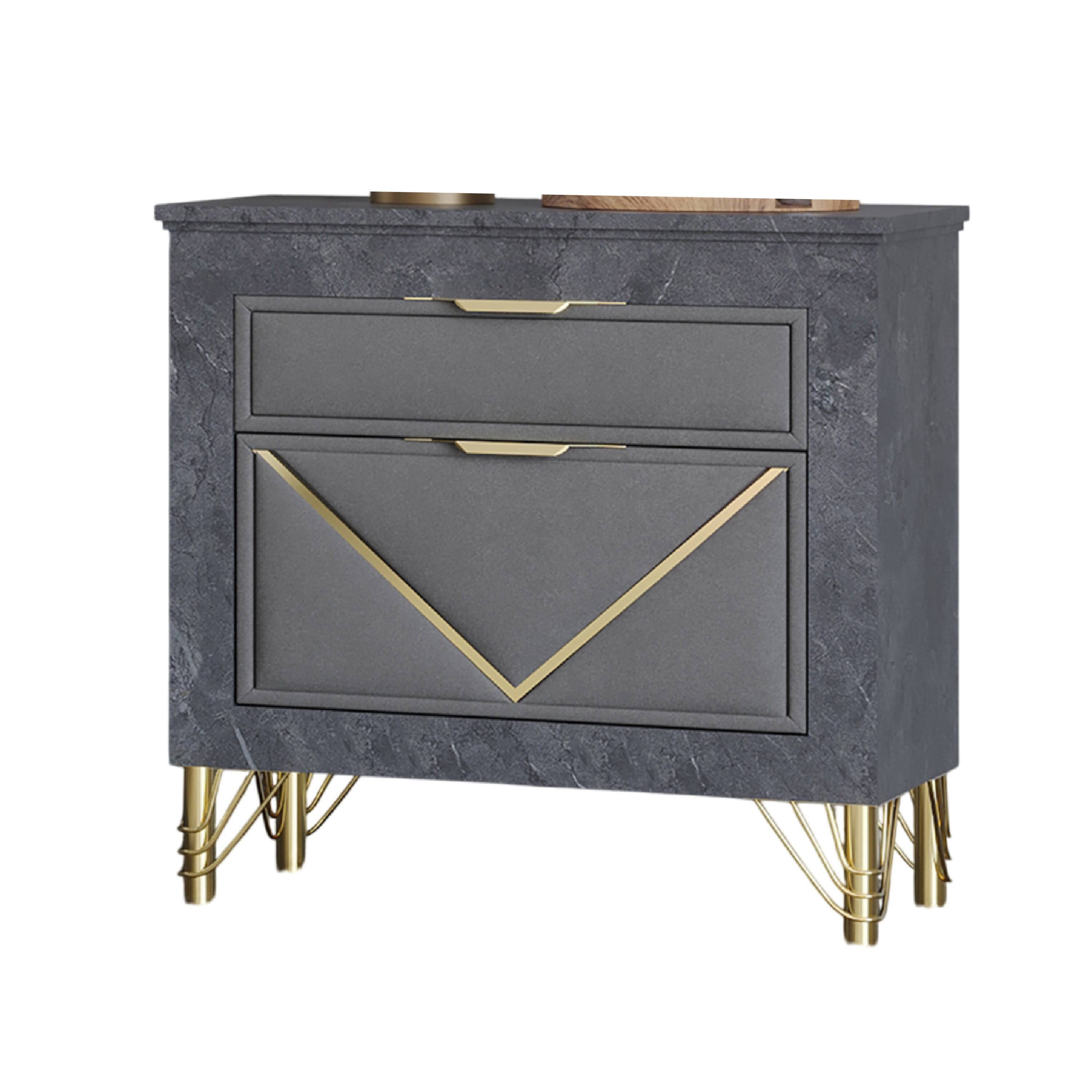 Angle. Manhattan Lane - Semy Nightstand, 2  Accented Drawers,  Marble Laminate - Charcoal Gray, Gold.