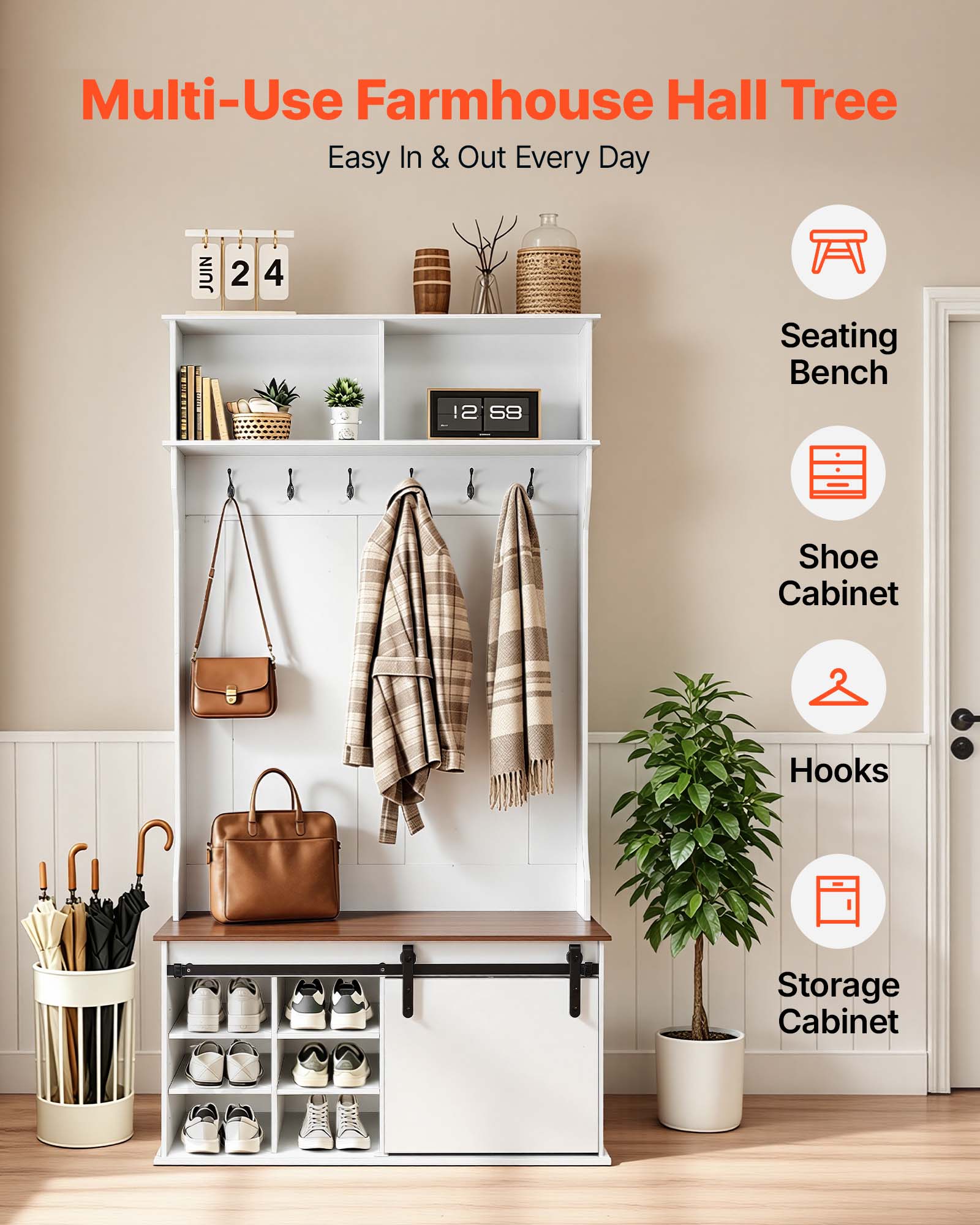 Multi-Use Farmhouse Hall Tree  
Easy In & Out Every Day  

- Seating Bench  
- Shoe Cabinet  
- Hooks  
- Storage Cabinet