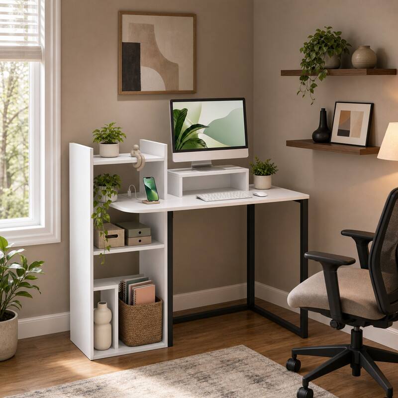 Front. WELLFOR - 43.5 in Computer Desk with Storage Shelves &  Charging Station, Wood Home Office Desk for Small Spaces - White.