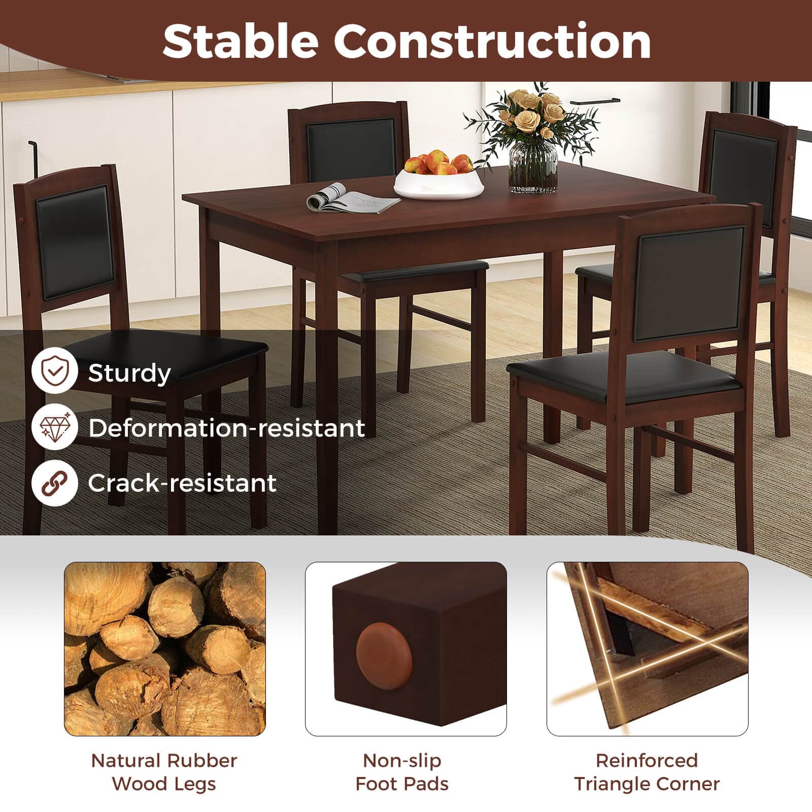 Stable Construction: Sturdy, Deformation-resistant, Crack-resistant. Natural Rubber Wood Legs, Non-slip Foot Pads, Reinforced Triangle Corner.