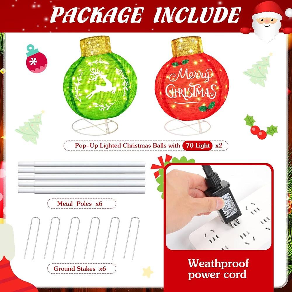 PACKAGE INCLUDE

- Pop-Up Lighted Christmas Balls with 70 Light x2
- Metal Poles x6
- Ground Stakes x6
- Weathproof power cord