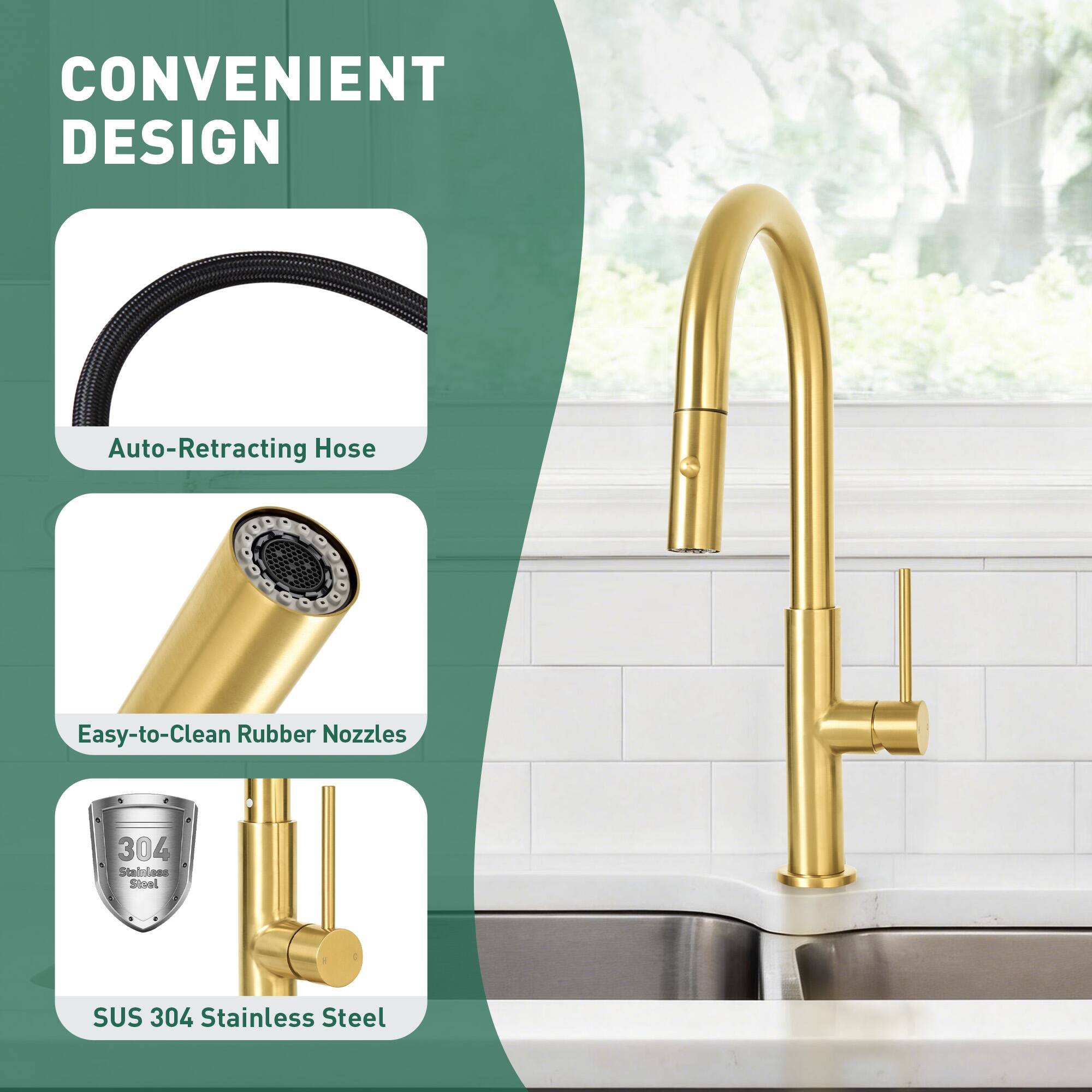 CONVENIENT DESIGN  
Auto-Retracting Hose  
Easy-to-Clean Rubber Nozzles  
SUS 304 Stainless Steel