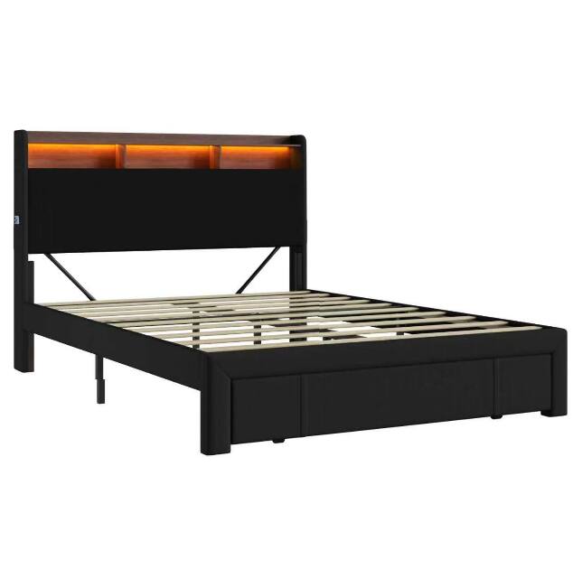 Alt View 4. LUCKY ONE - Full Size Upholstered Bed Frame with Drawers,LED and USB Charging - Black.