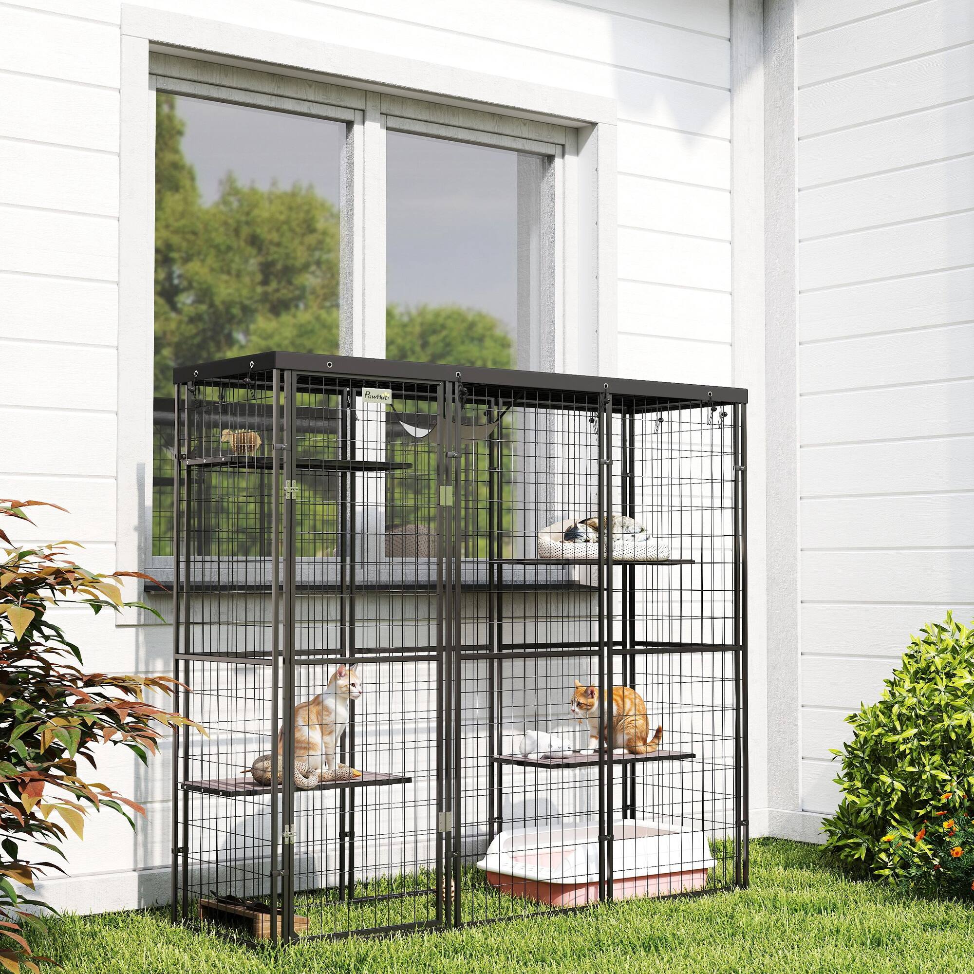 Alt View 1. Pawhut - Wire Catio Outdoor Indoor with Waterproof Cover, 4 Jumping Platforms, Hammock, for 1-3 Kittens.
