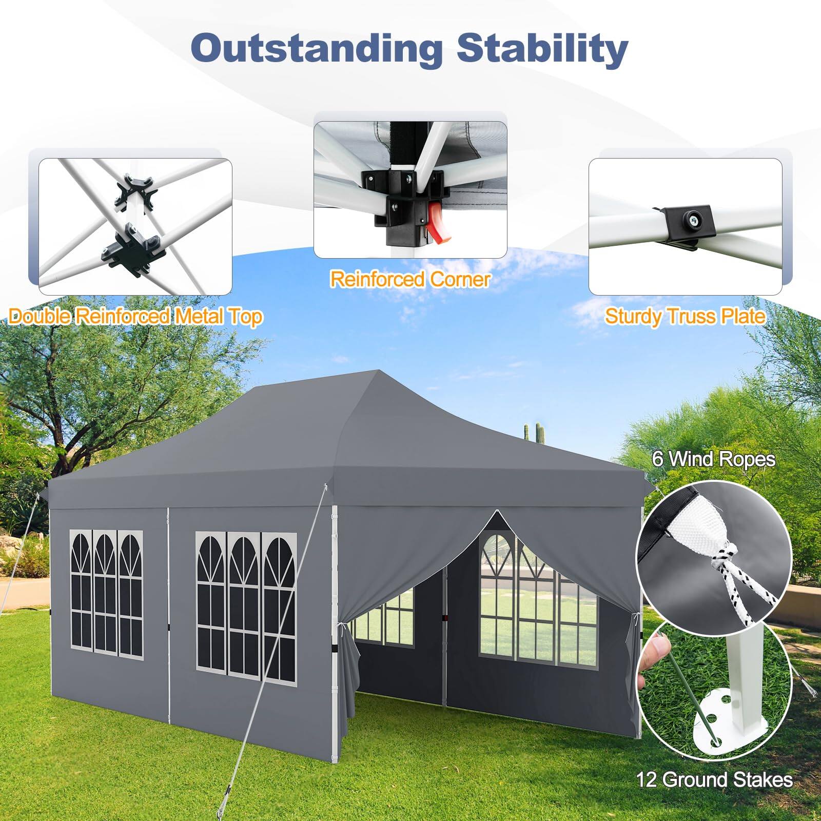 Outstanding Stability
Double Reinforced Metal Top
Reinforced Corner
Sturdy Truss Plate
6 Wind Ropes
12 Ground Stakes