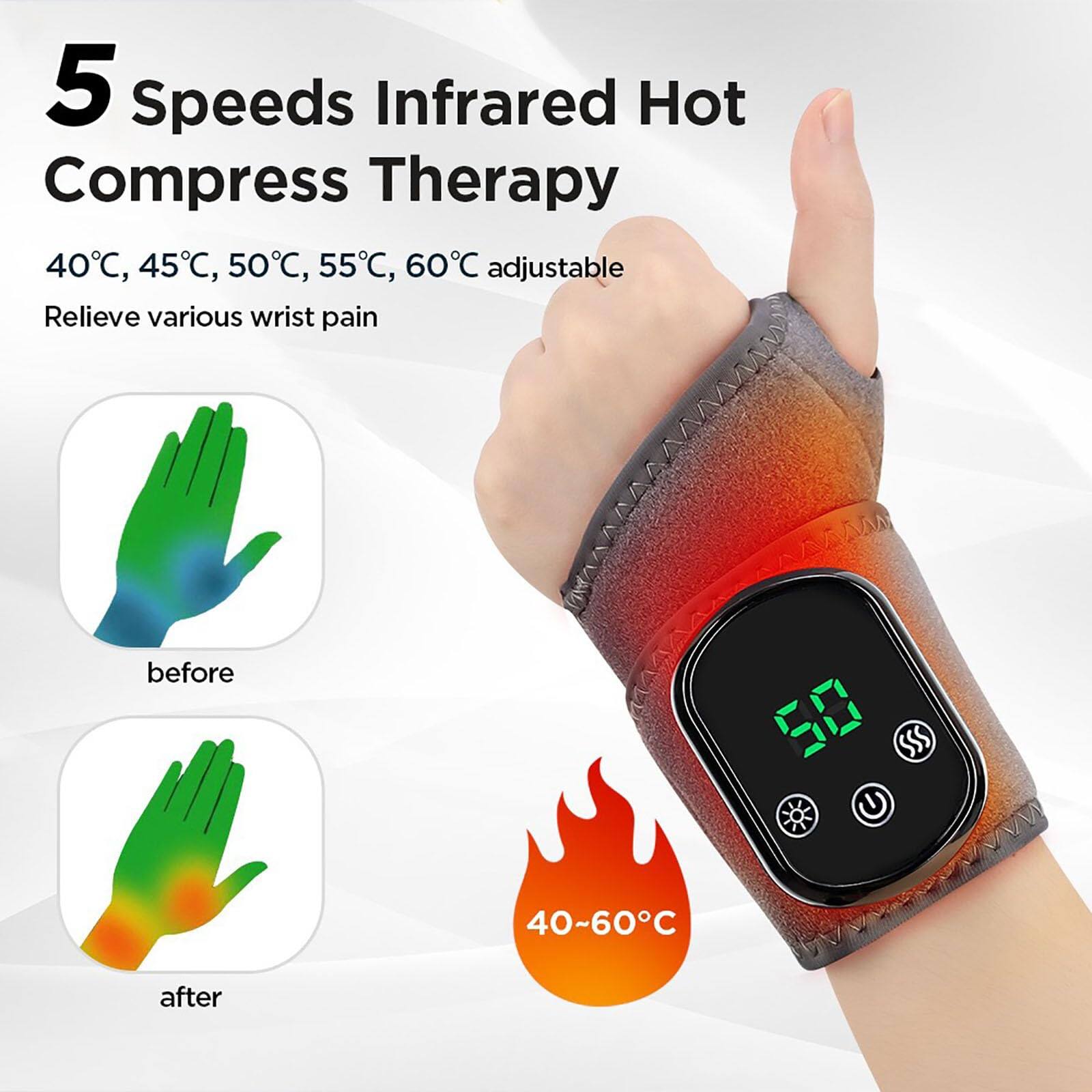 5 Speeds Infrared Hot Compress Therapy

40°C, 45°C, 50°C, 55°C, 60°C adjustable

Relieve various wrist pain

before

after

40~60°C