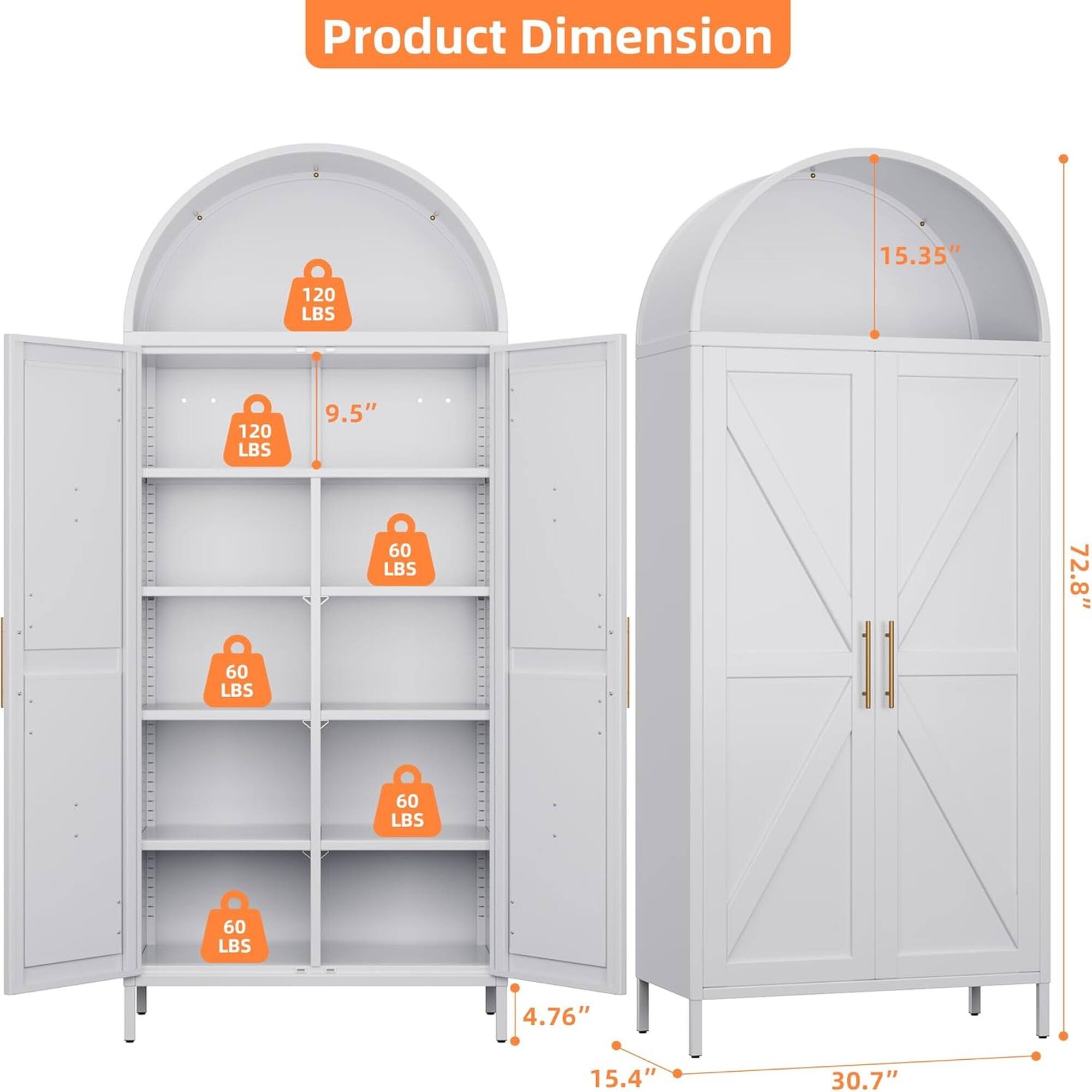 Product Dimension: 15.35" x 72.8" x 30.7"  
Shelf Capacity: 120 LBS, 120 LBS, 60 LBS, 60 LBS, 60 LBS, 60 LBS  
Shelf Depth: 9.5"  
Overall Height: 76"  
Overall Width: 15.4"  
Overall Depth: 30.7"