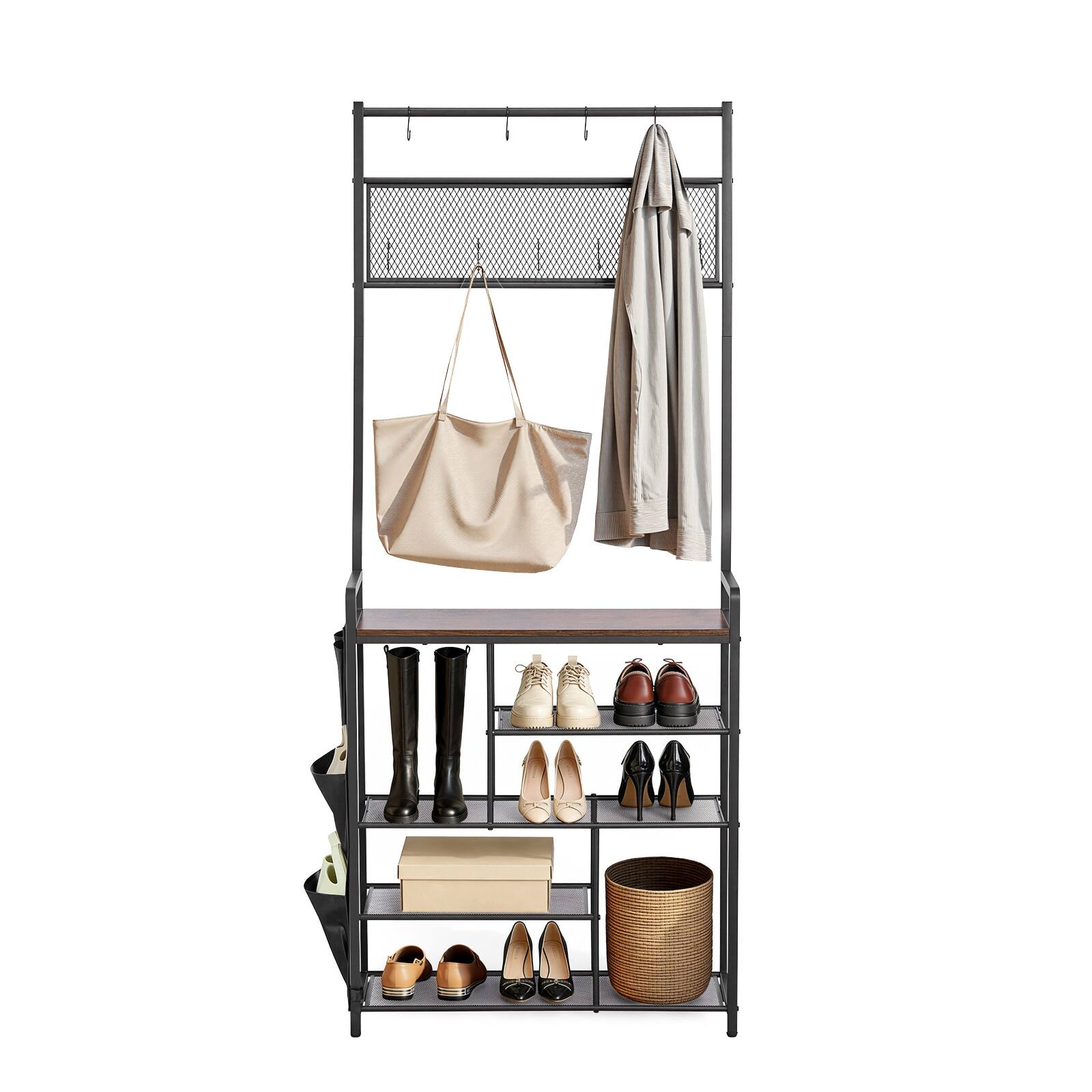 Alt View 5. VEVOR - Hall Tree, 70.9 in Coat Rack with Shoe Storage, Freestanding 4-Tier Shoe Rack Organizer with Hooks, Side Pocket - Brown.