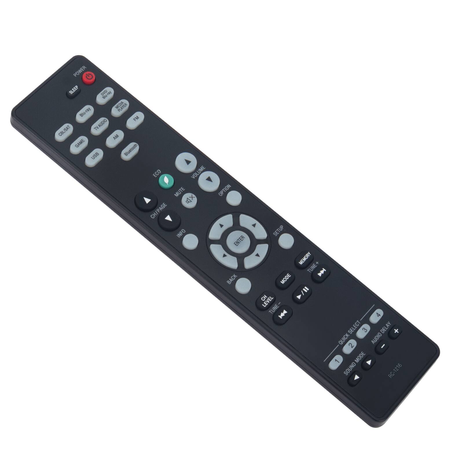 POWER SLEEP OI  
- T MEDA PLATER B-RE FM CBLISAT TN TVAUDIO AM GAME USB Bluetouth ECO VOLUME MUTE  
CH/PAGE INFO OPTION ENTER BACK SETUP MEMORY TUNE+  
MODE 1/ CH A LEVEL TUNE- I SELECT 3 DELAY + QUICK AUDIO 2 1 MODE SOUND RC-1216
