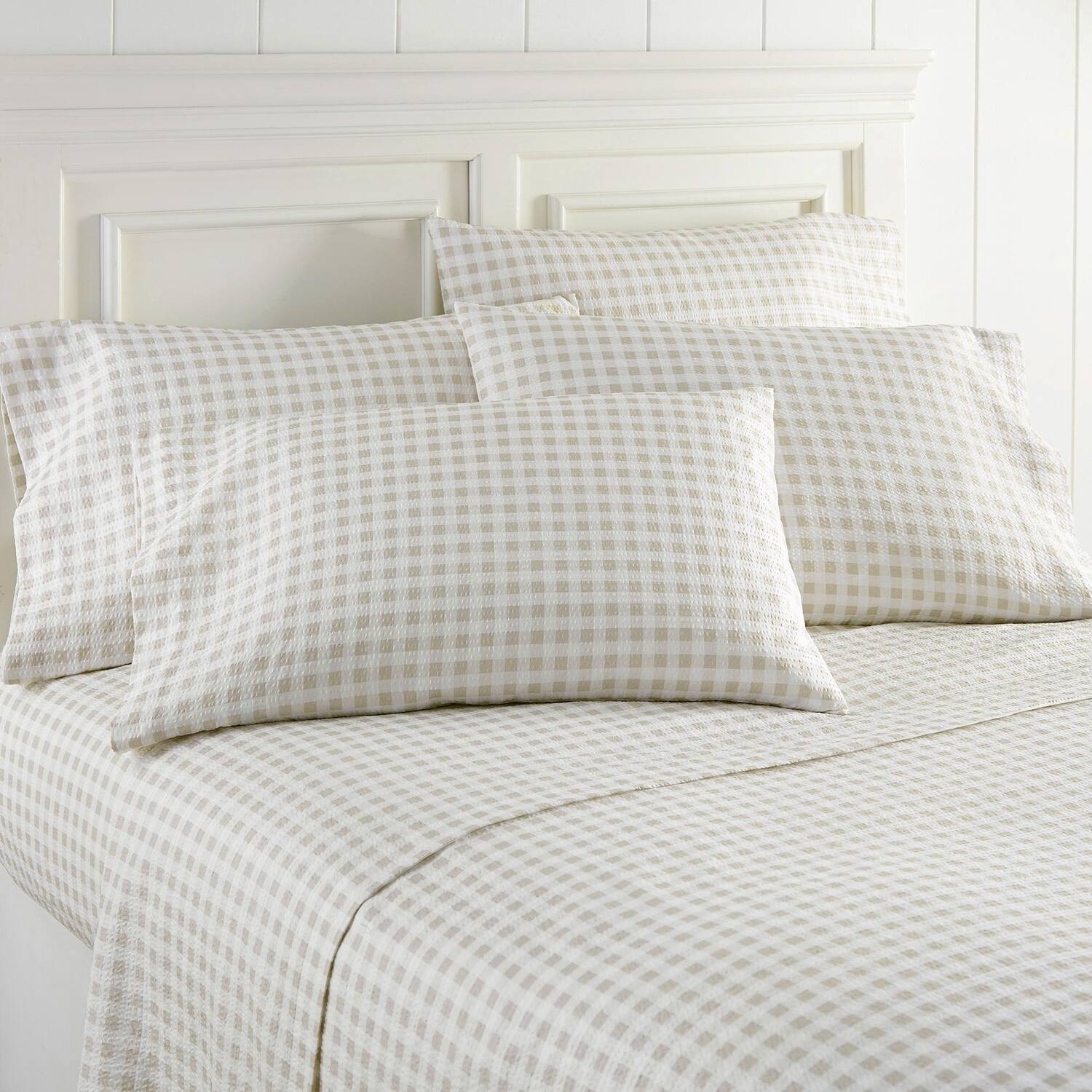 Angle. Shavel Home Products - Shavel 100% Polyester Luxury Seersucker Gingham Sheet Set King Tan - Tan.