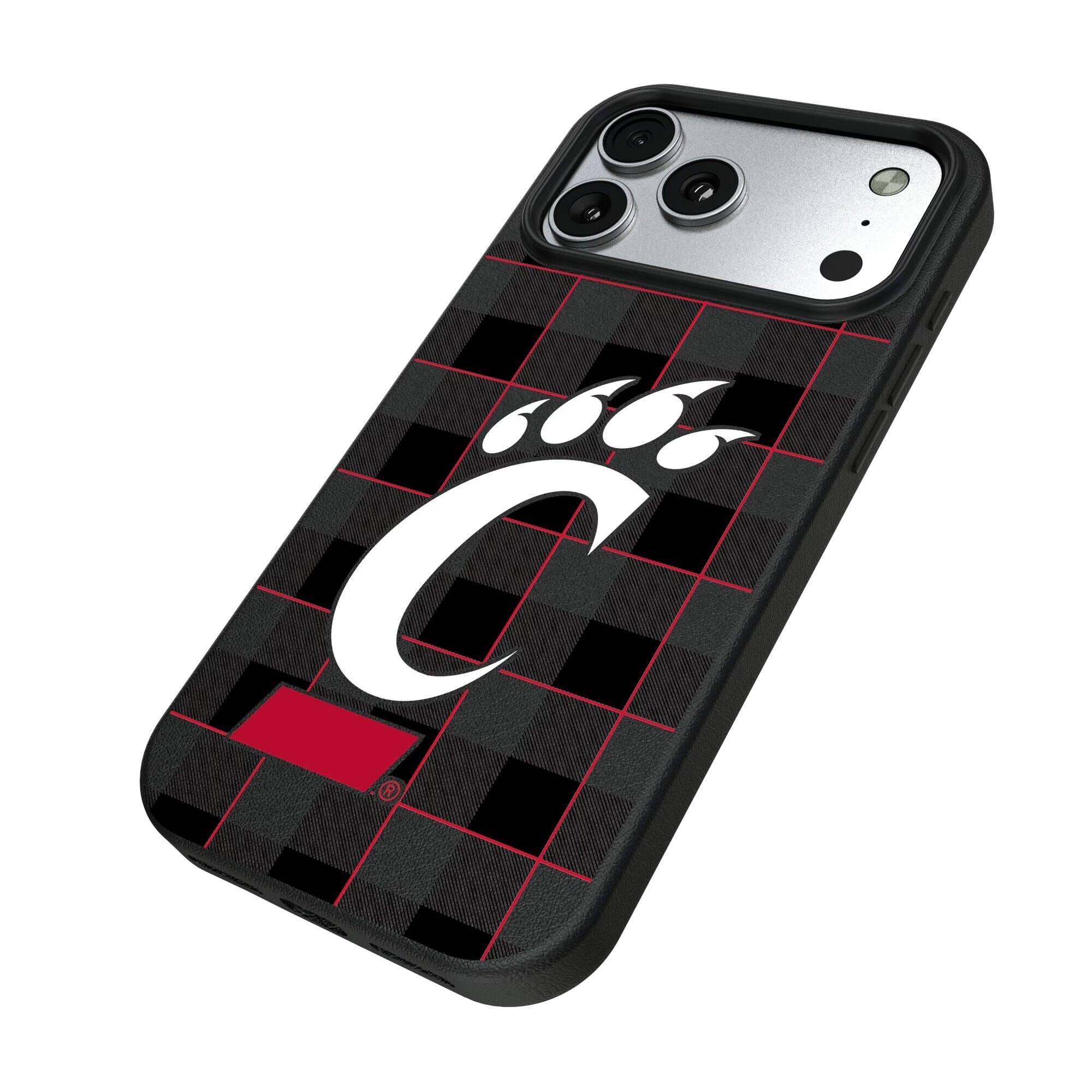 Alt View 1. Keyscaper - Cincinnati Bearcats Plaid Magnetic Bump iPhone Case - 15 Plus - Black.