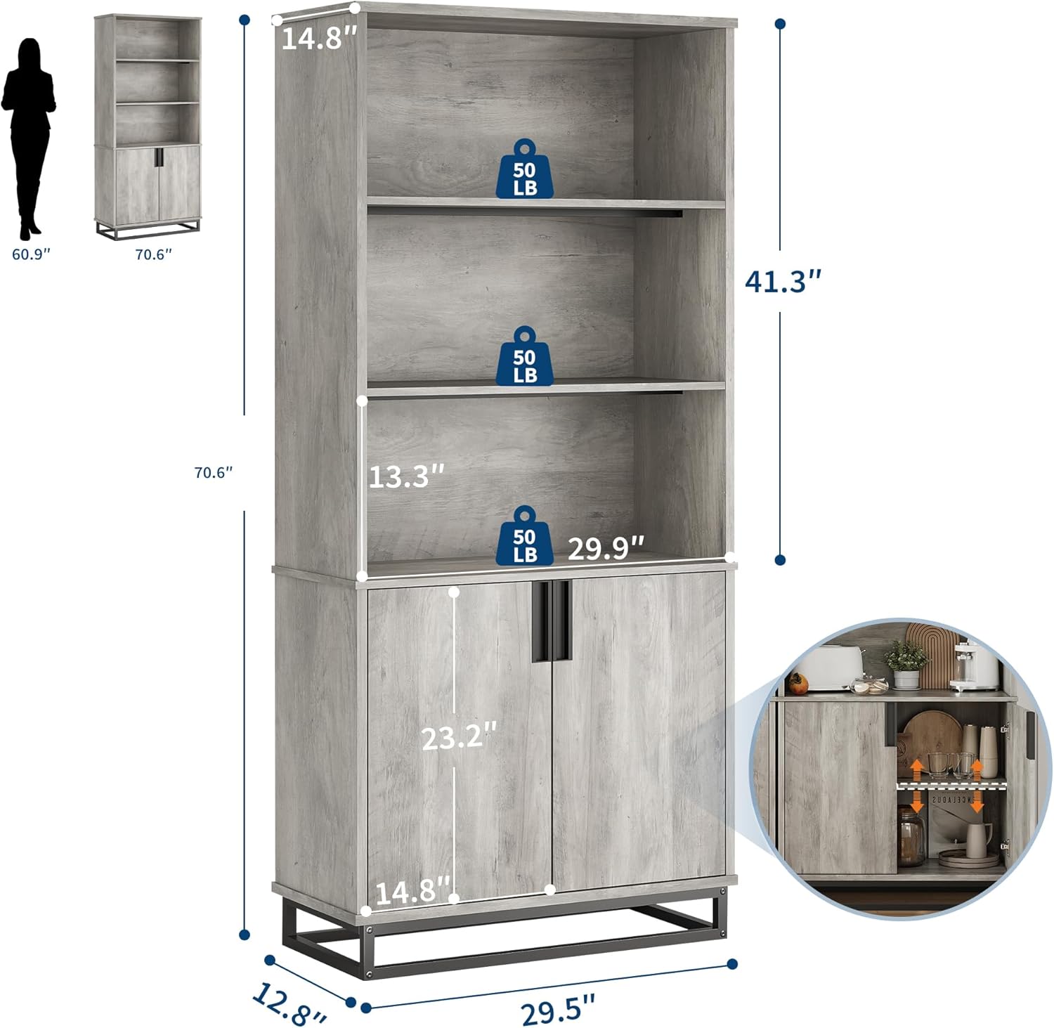 14.8"  
50 LB  
60.9"  
70.6"  
41.3"  
50 LB  
70.6"  
13.3"  
50 LB  
29.9"  
23.2"  
14.8"  
12.8"  
29.5"