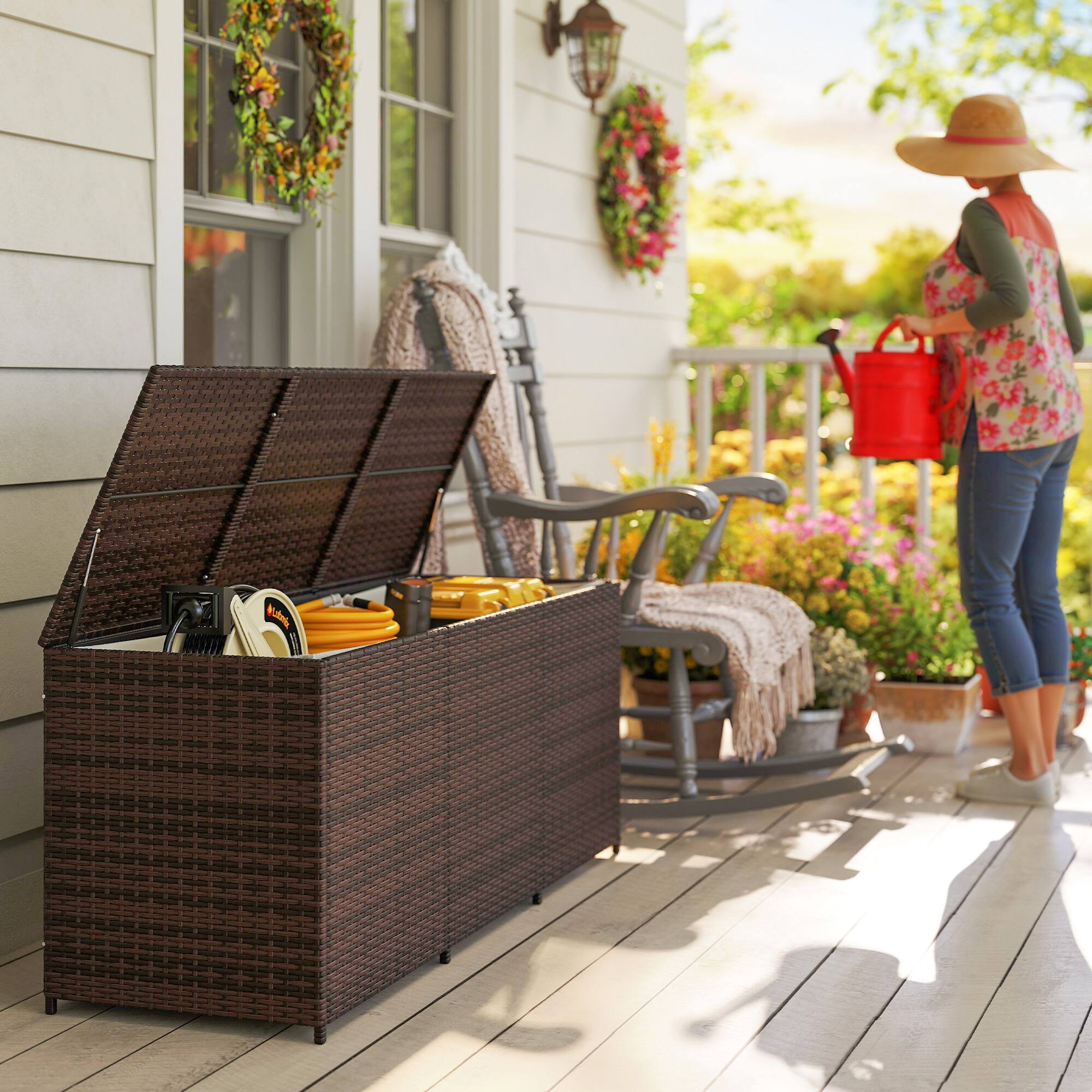 Alt View 8. Outsunny - 175 Gallon Outdoor Storage Box with Inner Liner, PE Rattan Wicker Deck Box with Pneumatic Bar Lift for Indoor & Outdoor - Brown.