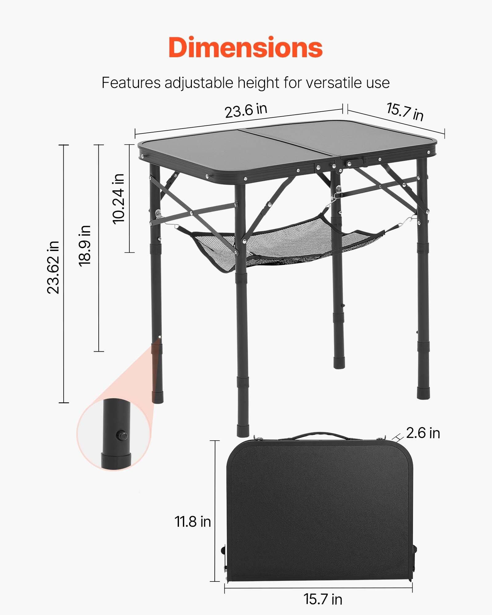 Dimensions  
Features adjustable height for versatile use  

- Tabletop: 23.6 in x 15.7 in  
- Height: 23.62 in (adjustable to 18.9 in)  
- Net: 10.24 in  
- Legs: 11.8 in  
- Bag: 15.7 in x 15.7 in x 2.6 in