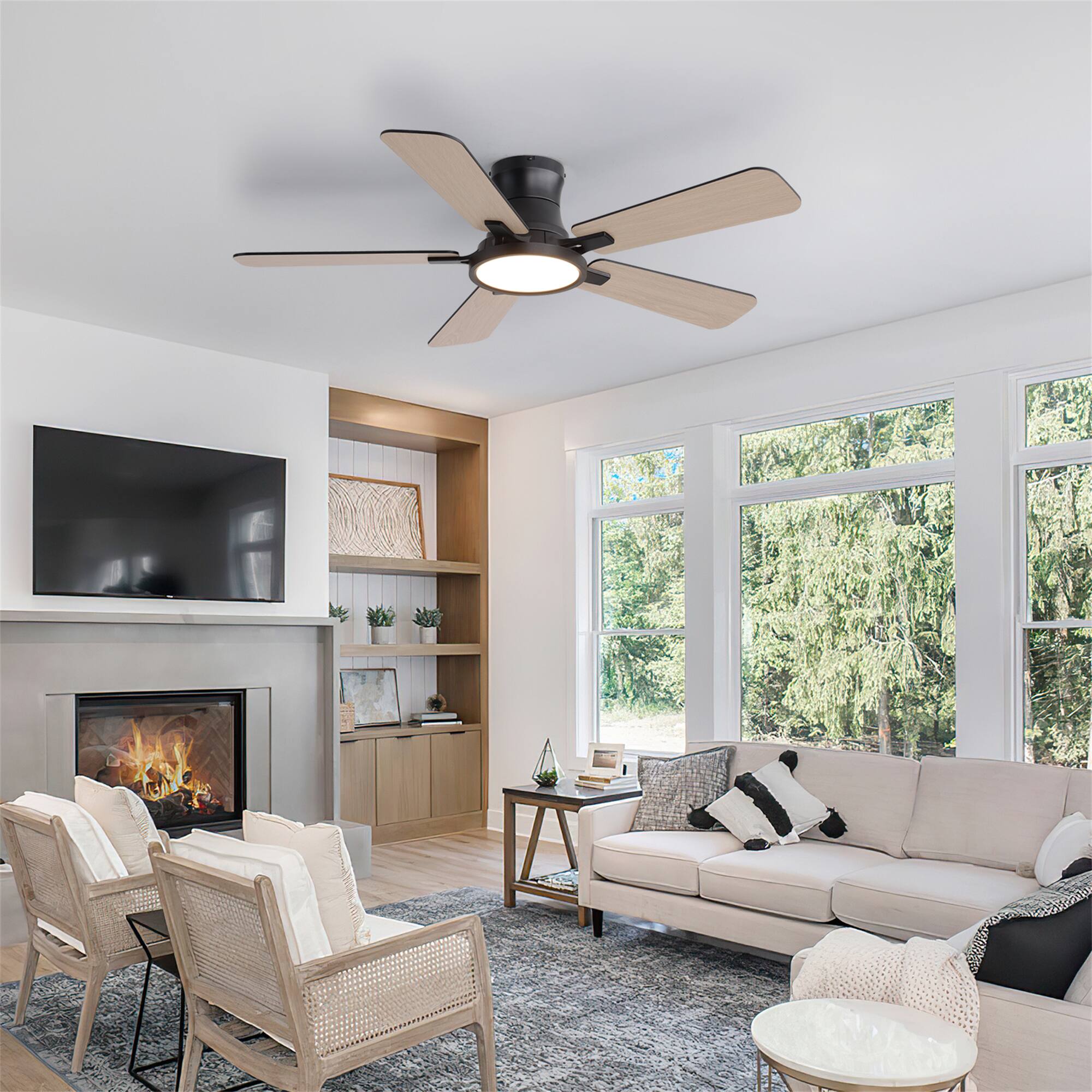 Angle. Siljoy - 44 Inch Black Flush Mount Ceiling Fan with LED Light, 5 Dual-Sided Reversible Blades for Bedroom and Foyer - Black.