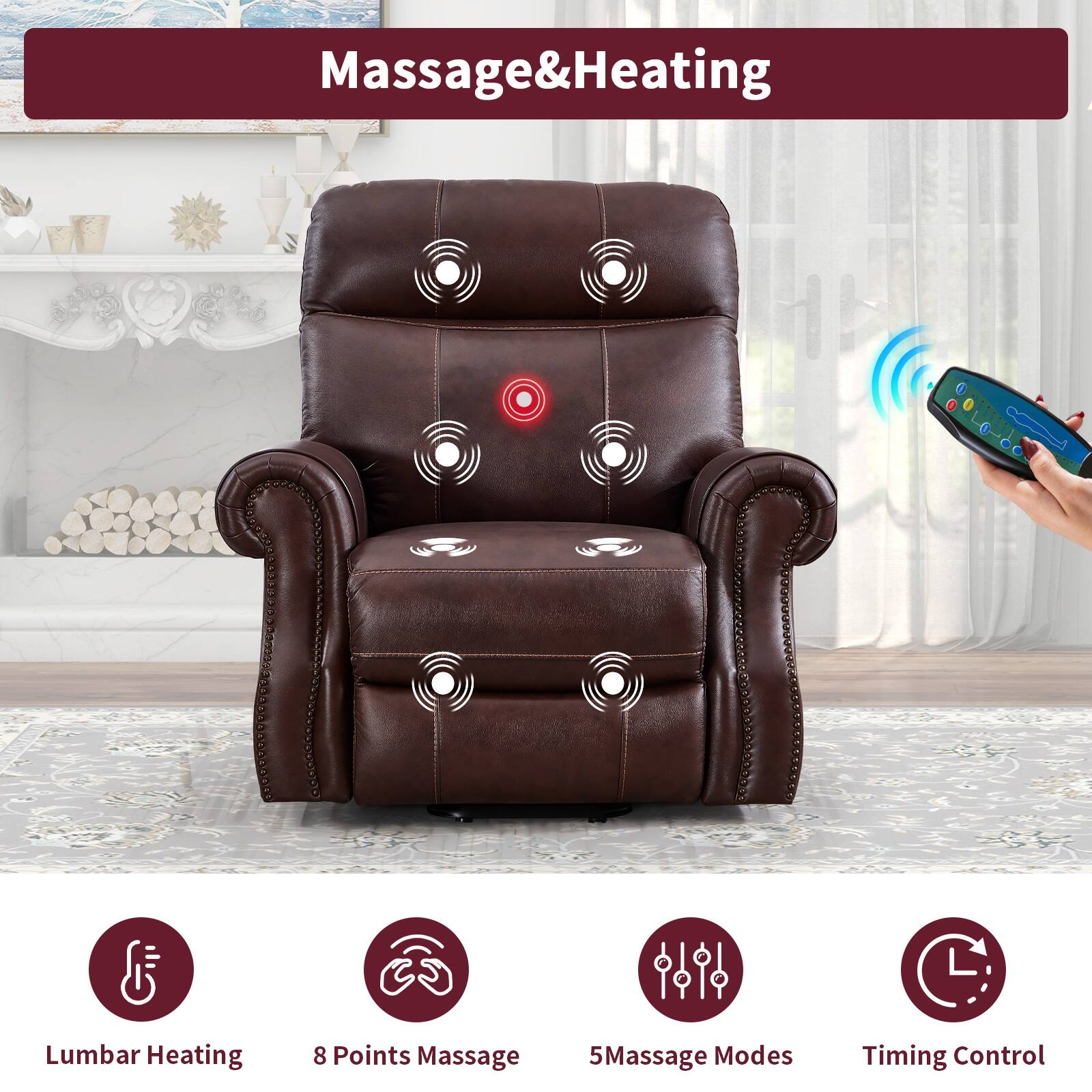 Massage & Heating

Lumbar Heating  
8 Points Massage  
5 Massage Modes  
Timing Control