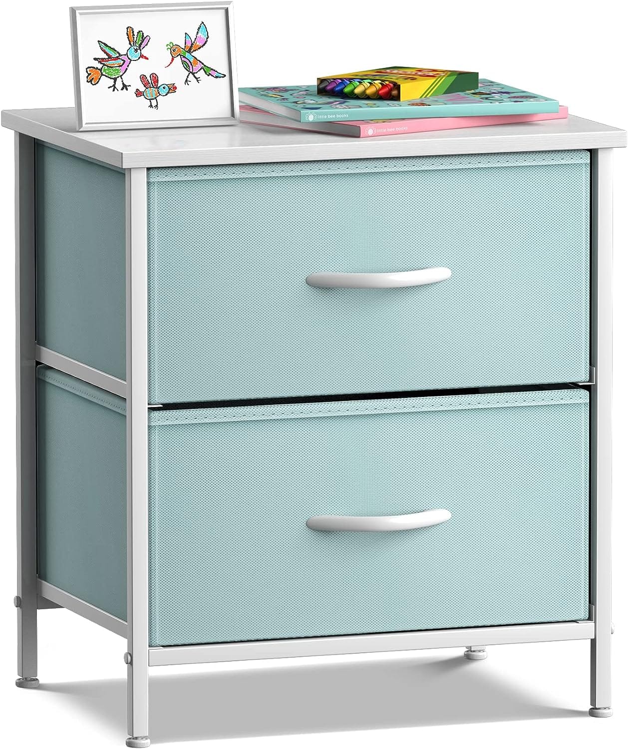 Sorbus - Nightstand with 2 Drawers - Steel Frame, Wood Top &Fabric Bins -Home, Bedroom, Office &College Dorm, Kids Bedside - Aqua